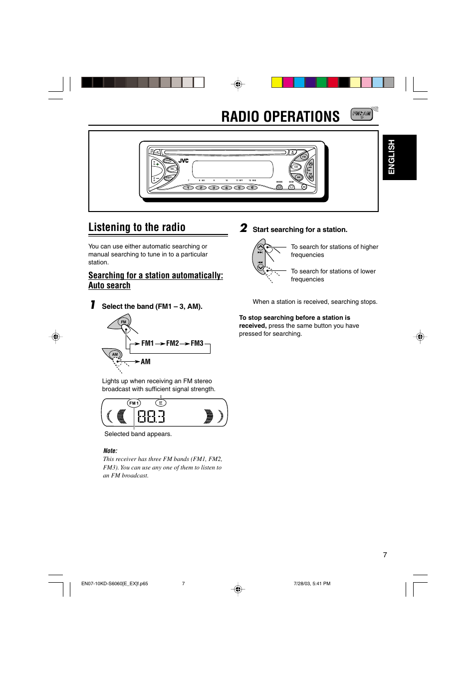 Radio operations, Listening to the radio, Searching for a station automatically: auto search | English, Select the band (fm1 – 3, am), Start searching for a station, Fm1 fm2 fm3 am | JVC KD-S6060 User Manual | Page 7 / 82