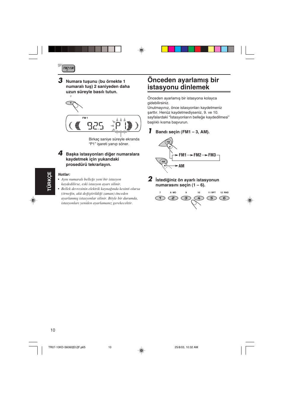 Önceden ayarlamωπ bir istasyonu dinlemek, Türkçe | JVC KD-S6060 User Manual | Page 70 / 82