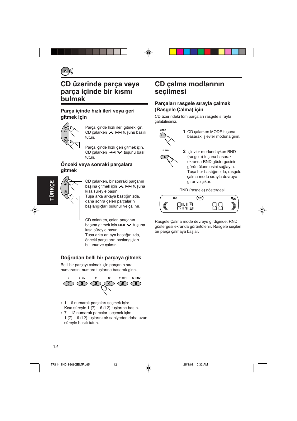 Cd çalma modlarωnωn seçilmesi, Türkçe | JVC KD-S6060 User Manual | Page 72 / 82