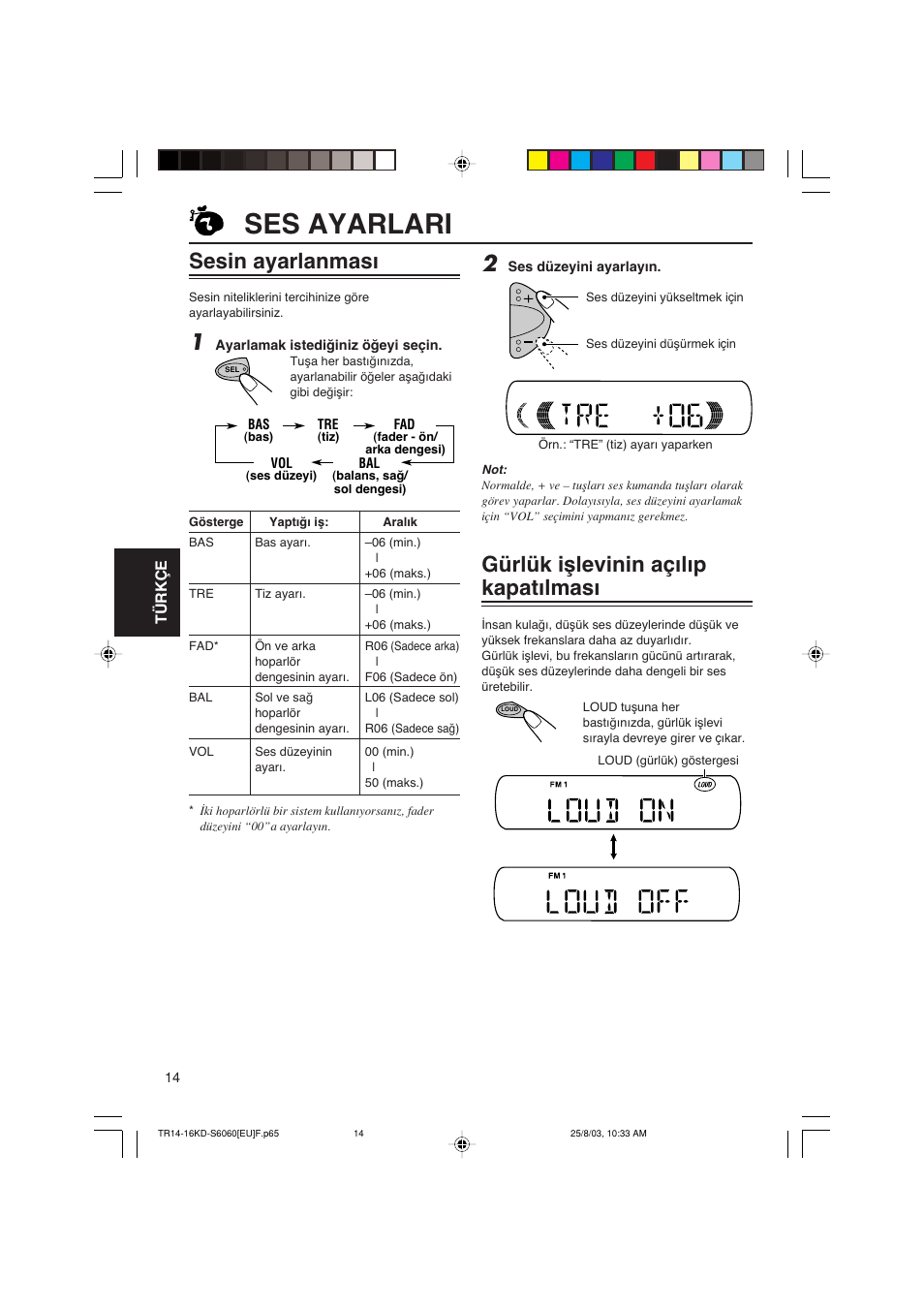 Ses ayarlari, Sesin ayarlanmasω, Gürlük iπlevinin açωlωp kapatωlmasω | JVC KD-S6060 User Manual | Page 74 / 82