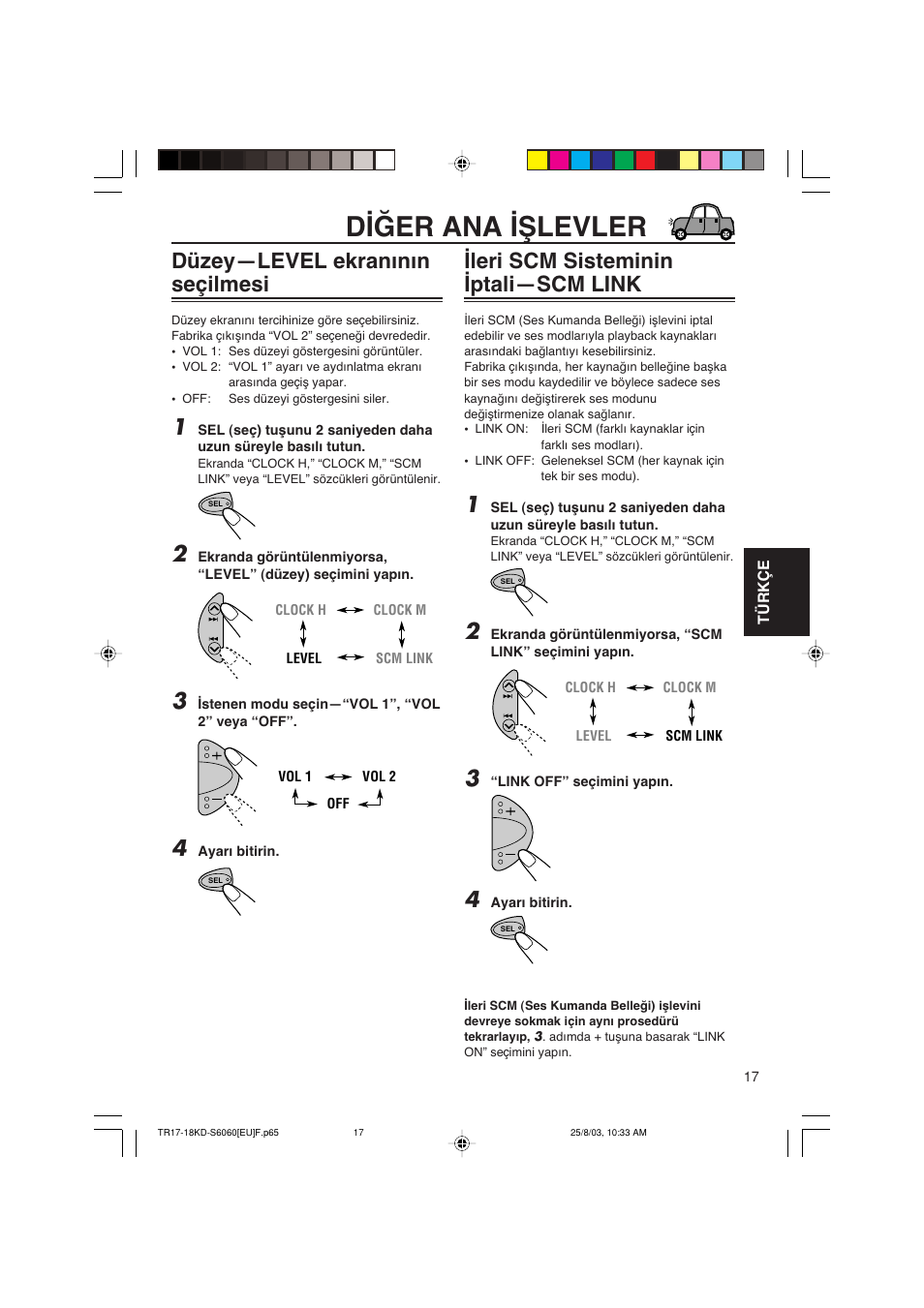 D∑µer ana ∑∏levler, Düzey—level ekranωnωn seçilmesi, Leri scm sisteminin ∑ptali—scm link | JVC KD-S6060 User Manual | Page 77 / 82