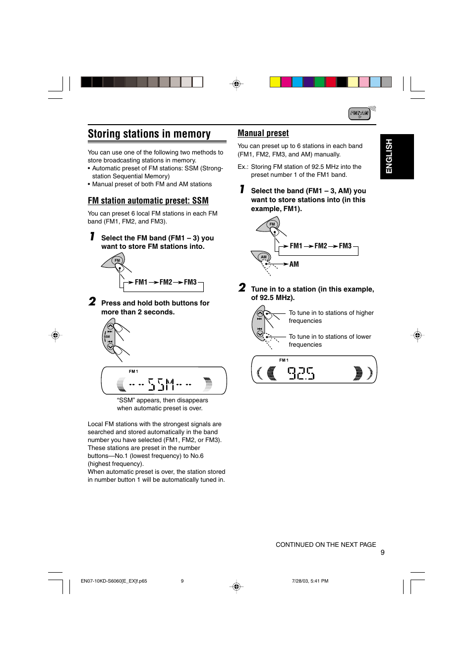 Fm station automatic preset: ssm, Manual preset | JVC KD-S6060 User Manual | Page 9 / 82