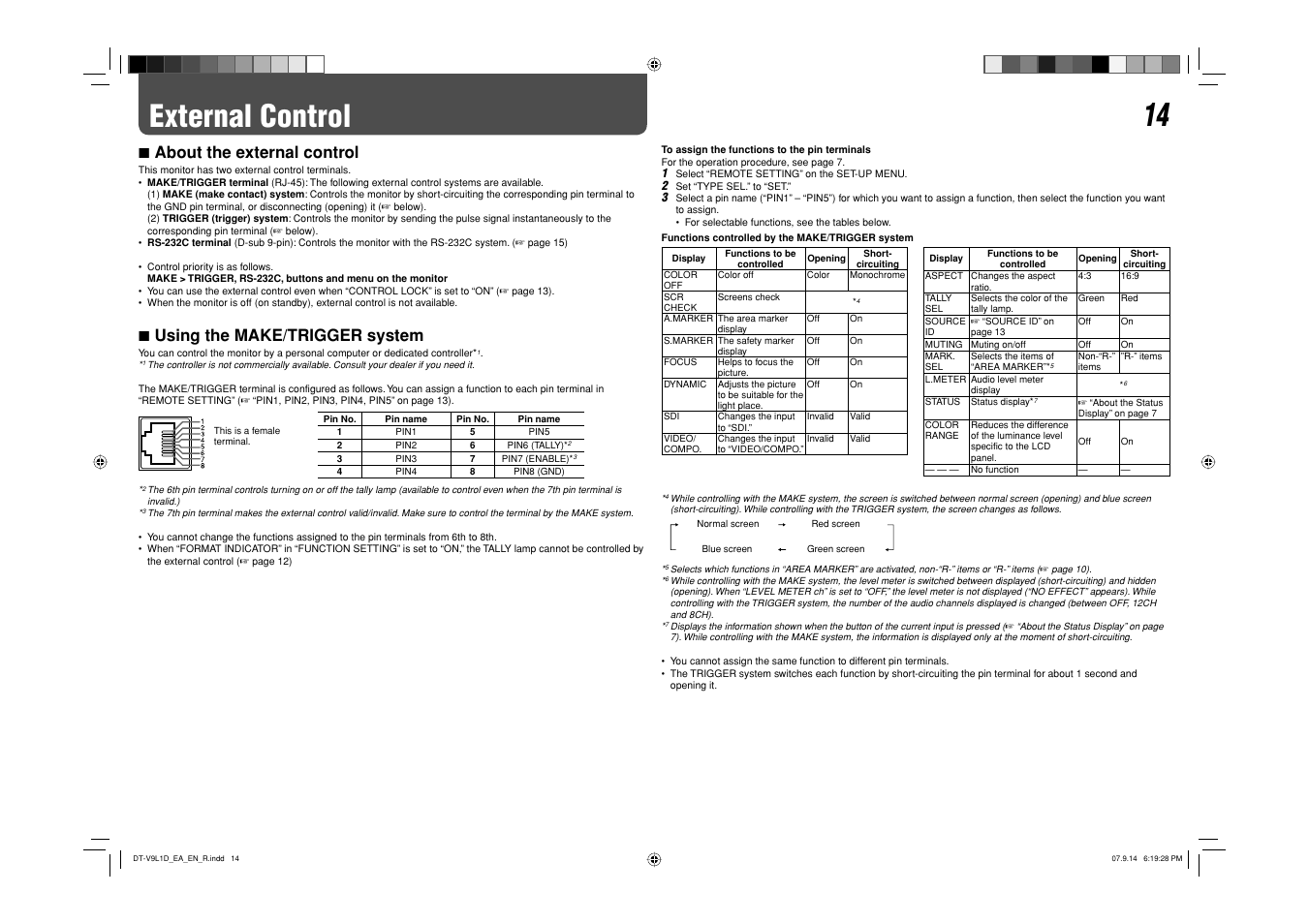 External control, 7 about the external control, 7 using the make/trigger system | JVC DT-V9L1D User Manual | Page 14 / 18