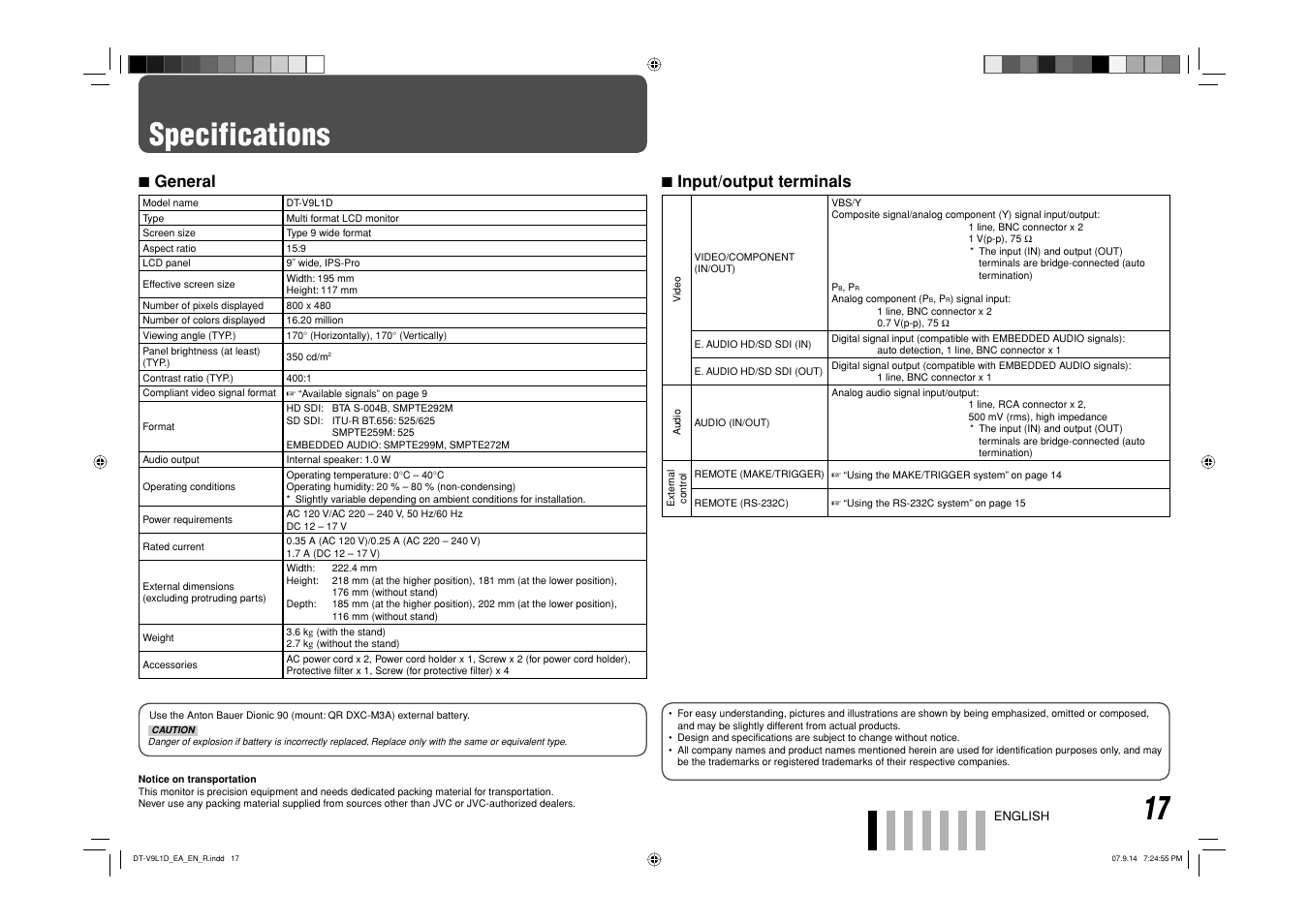 Specifications, 7 general, 7 input/output terminals | JVC DT-V9L1D User Manual | Page 17 / 18
