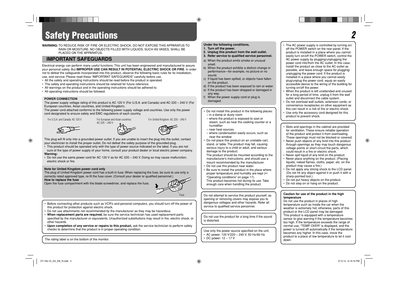 Safety precautions, Important safeguards | JVC DT-V9L1D User Manual | Page 2 / 18