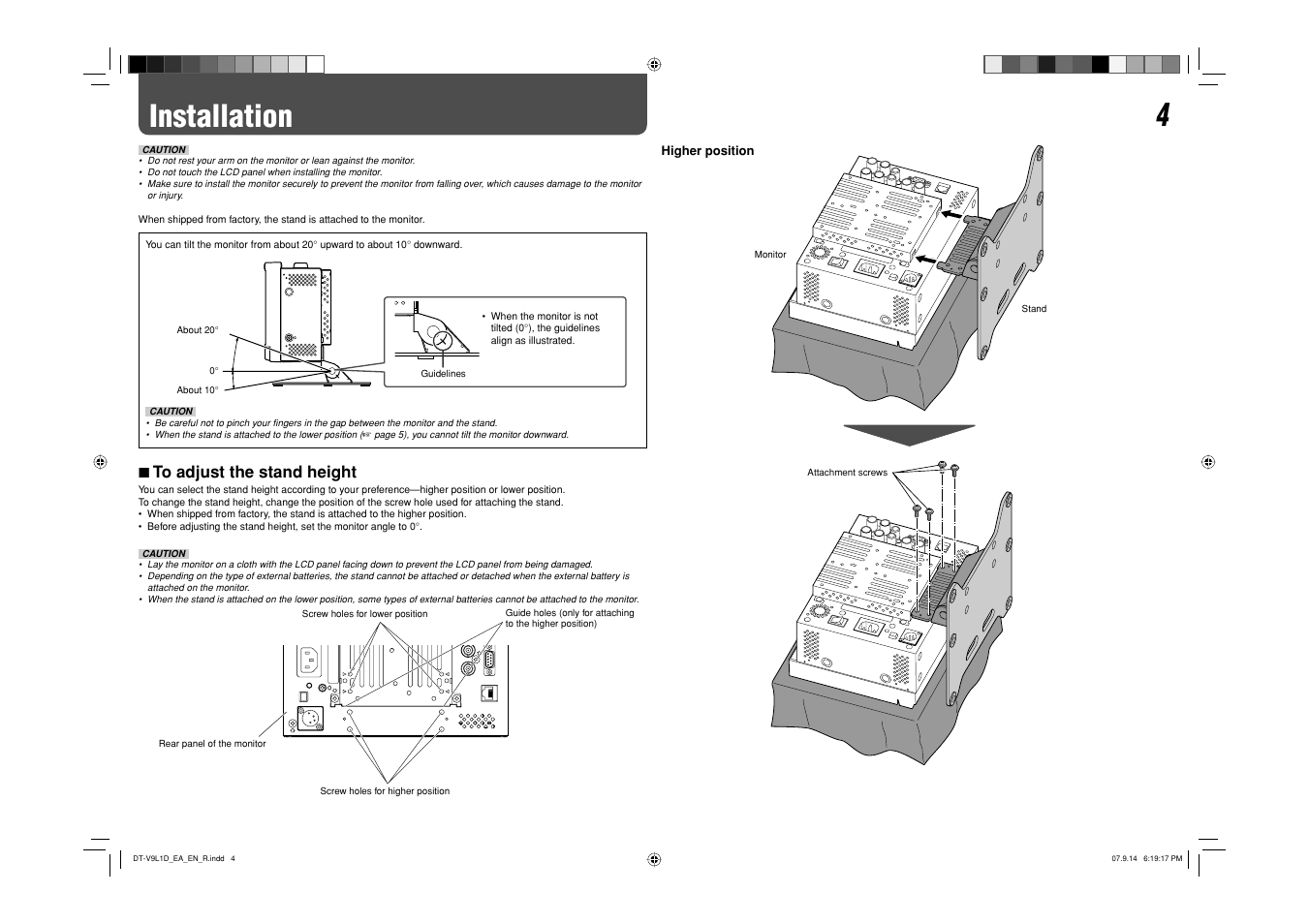 Installation, 7 to adjust the stand height | JVC DT-V9L1D User Manual | Page 4 / 18