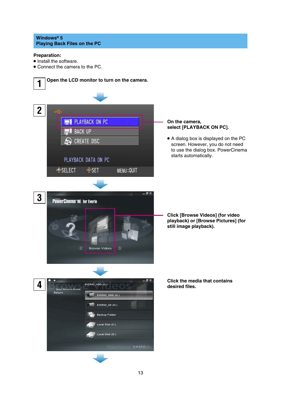 Playing back files on the pc | JVC Everio GZ-HD30 User Manual | Page 13 / 48