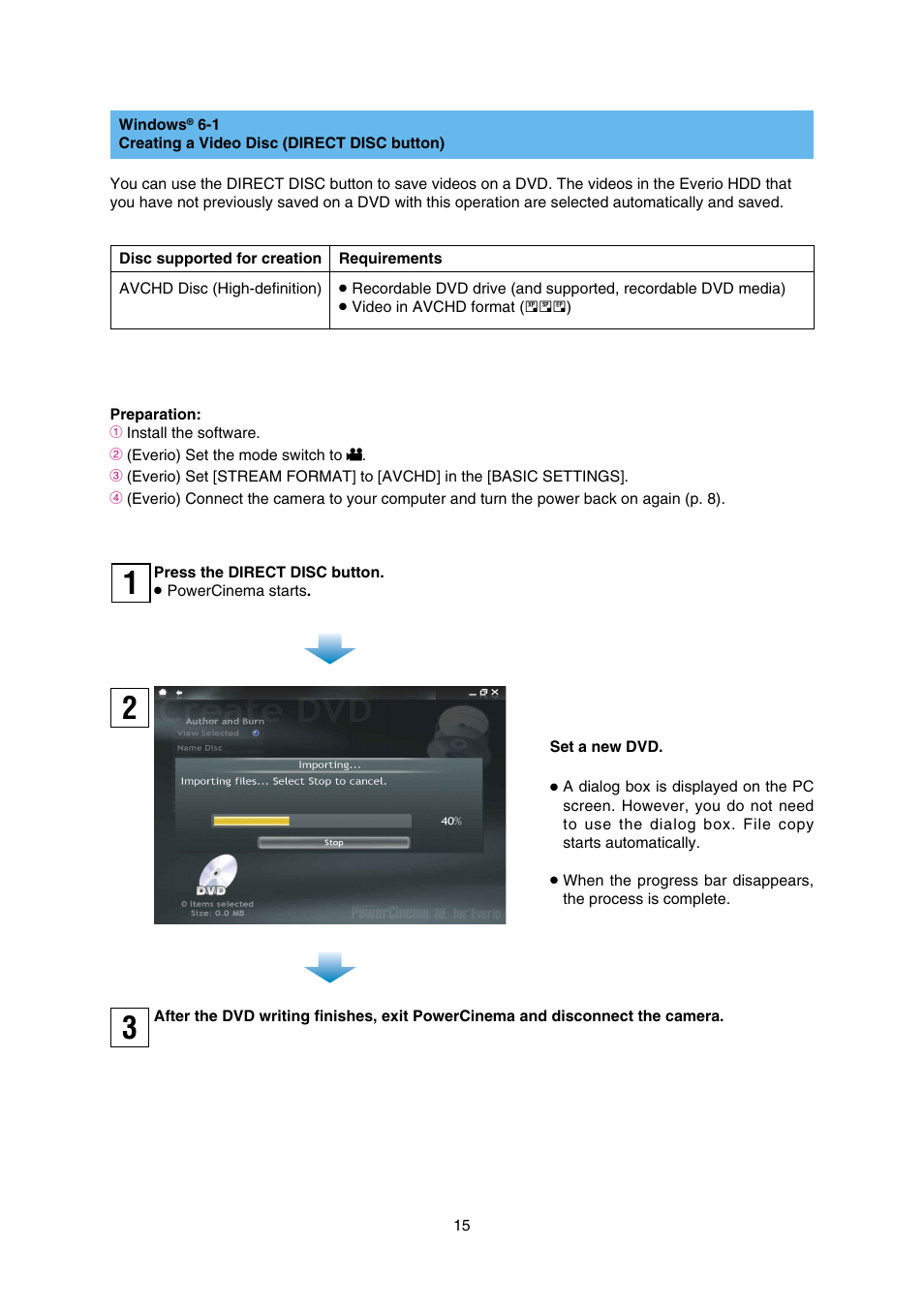 Creating a video disc, Direct disc button) | JVC Everio GZ-HD30 User Manual | Page 15 / 48