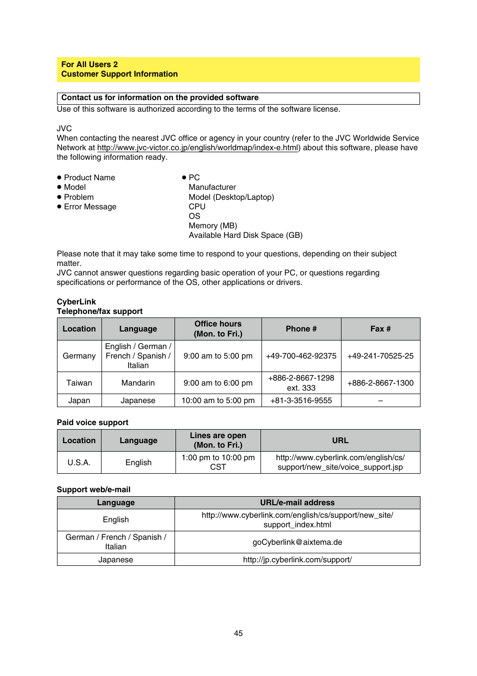 Customer support information | JVC Everio GZ-HD30 User Manual | Page 45 / 48