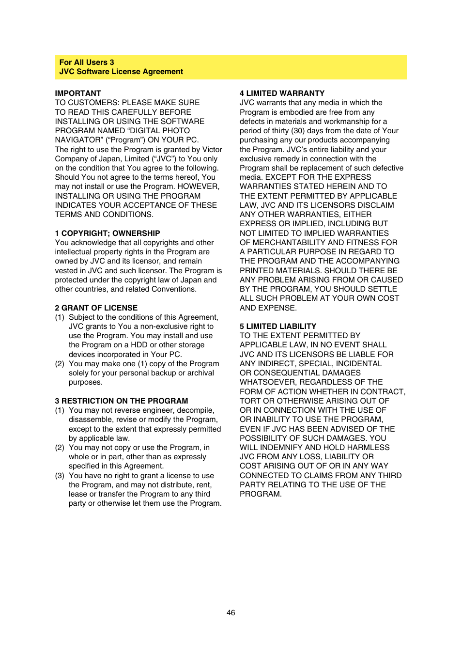 Jvc software license agreement | JVC Everio GZ-HD30 User Manual | Page 46 / 48