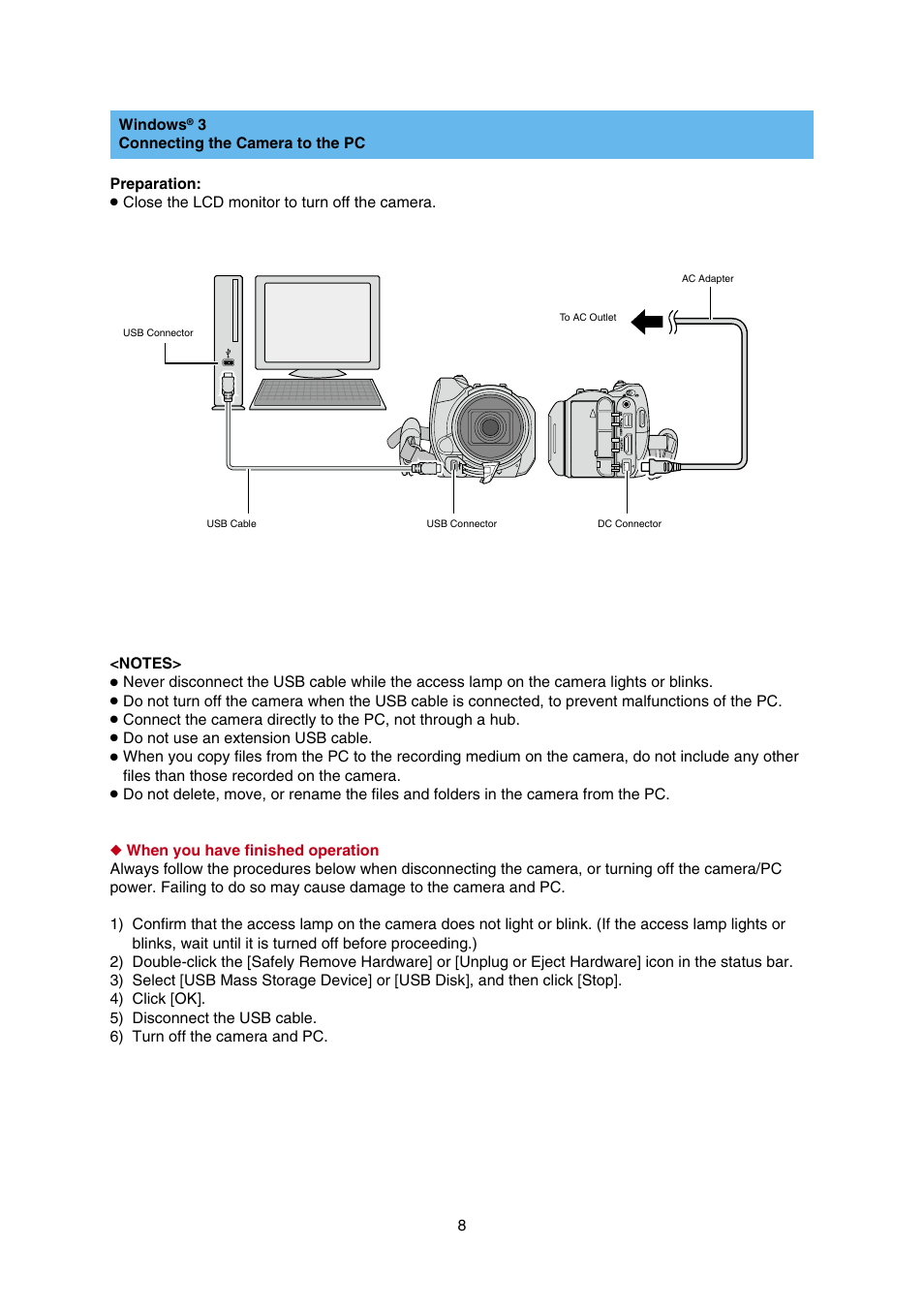 Connecting the camera to the pc | JVC Everio GZ-HD30 User Manual | Page 8 / 48