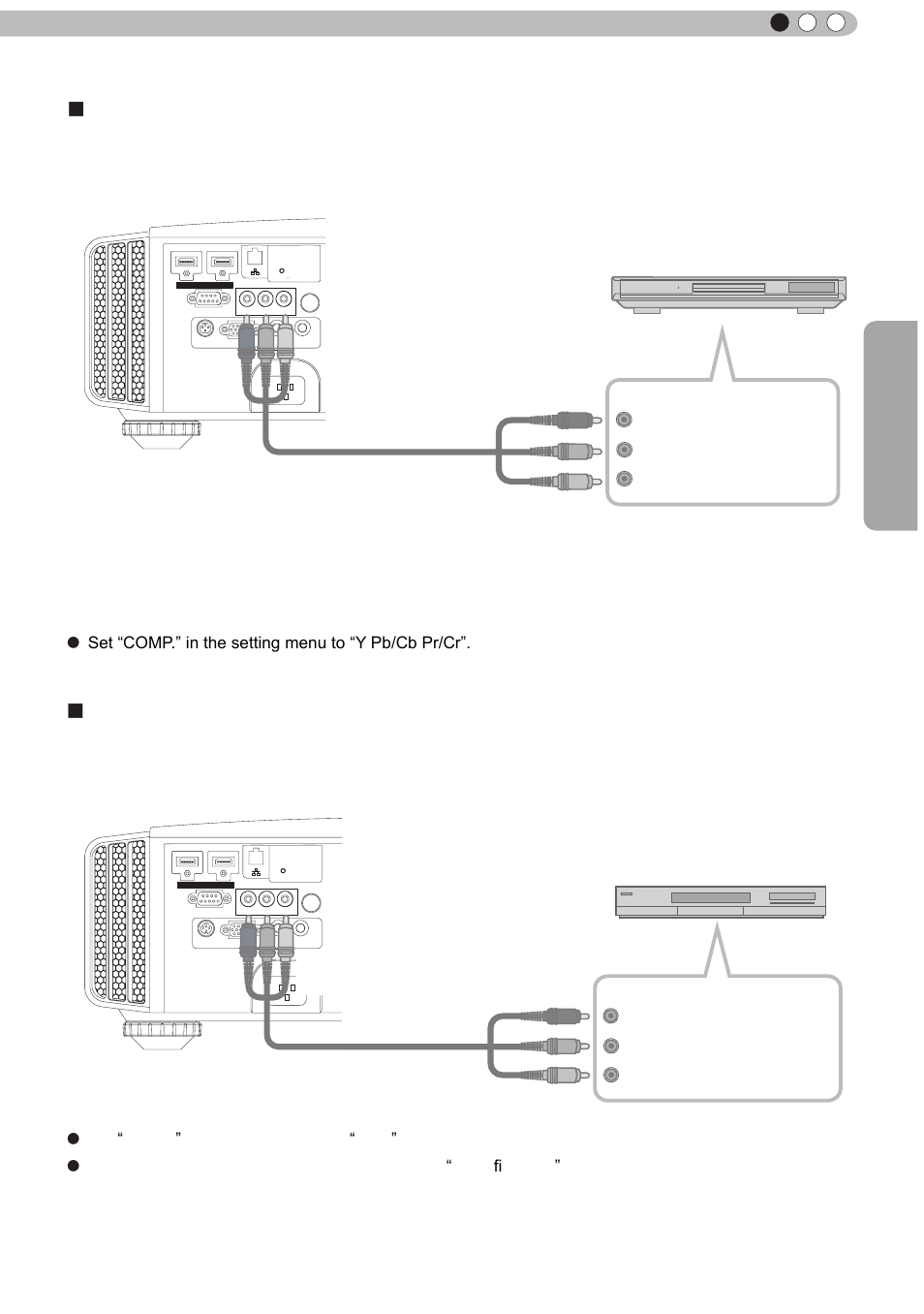 About the connection (continued), Preparation, Connecting via rgb video cable | Connecting via component video cable, English, This unit, Bd/dvd player, Y (green) c, Red) c, Blue) | JVC D-ILA DLA-RS60 User Manual | Page 27 / 78