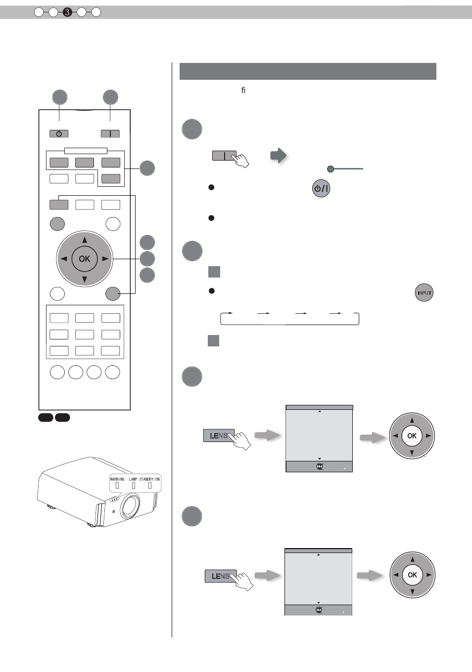 Basic operation, Basic operation procedures, Turn on power source | Choose the projected image, Adjust the zoom (screen size), Adjust the focus (focal point), Select input mode, Play back the selected device, Operation 3 | JVC D-ILA DLA-RS60 User Manual | Page 32 / 78