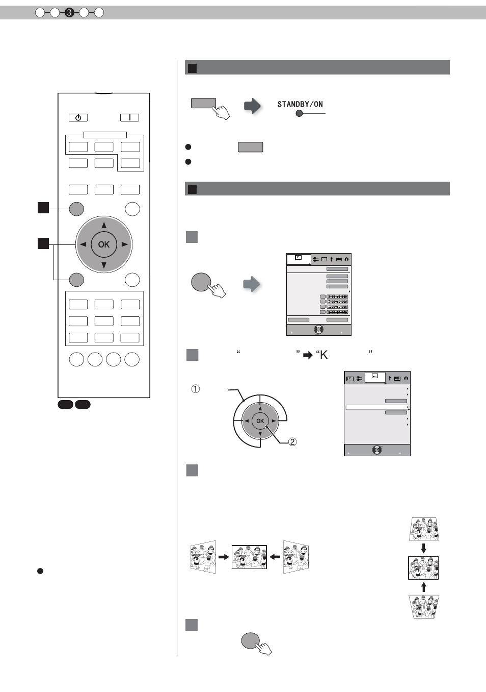 Basic operation (continued), 1 display the setting menu 3, Adjusts keystone correction | Exit, Adjustment of the keystone correction, Temporary turning-off of the video, Select “installation” “keystone, Operation 3, You can hide the image temporarily, Green light blinks when the image is hidden | JVC D-ILA DLA-RS60 User Manual | Page 36 / 78