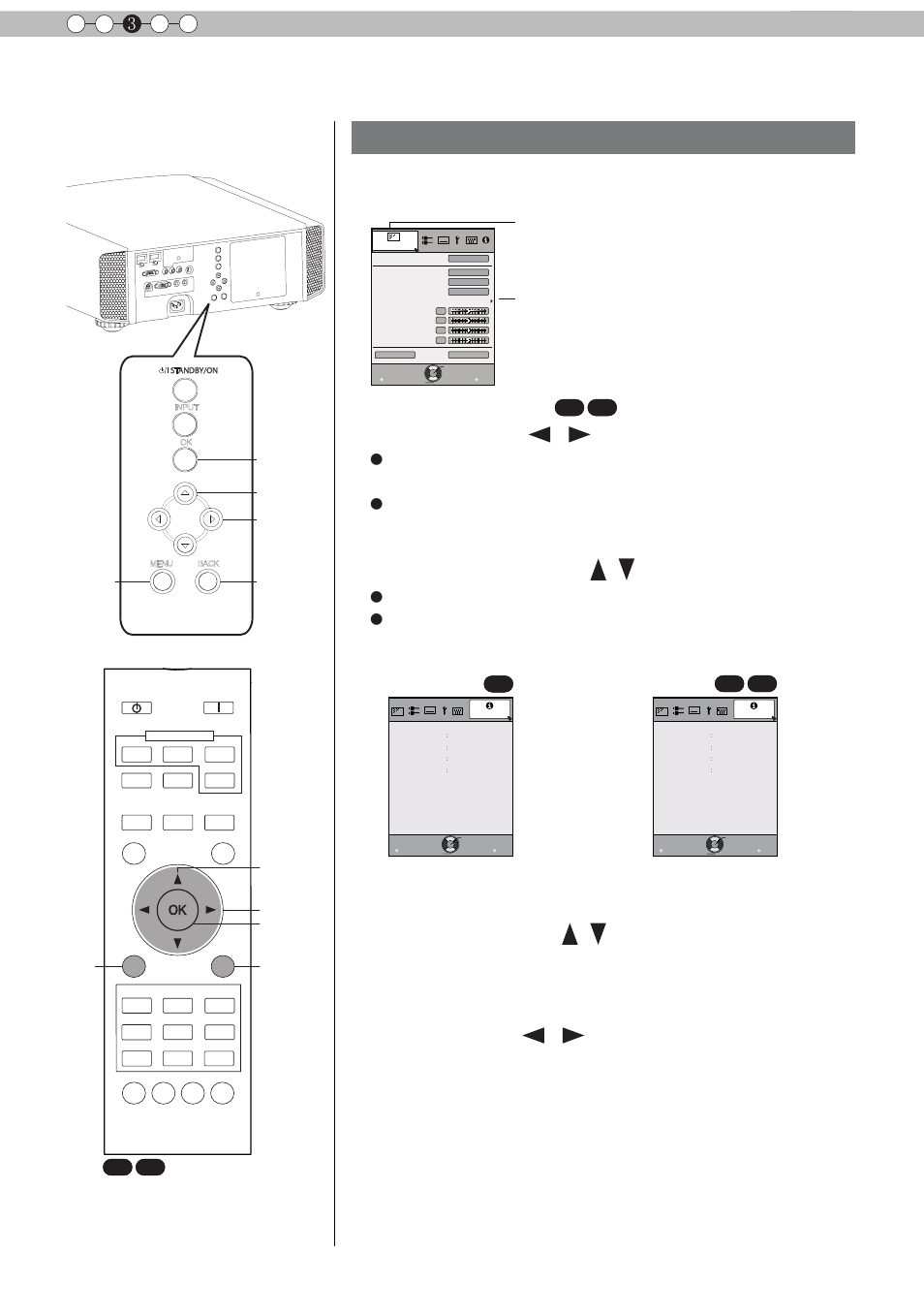 Adjustments and settings in the menu (continued), Menu operation procedure, 1 press menu | 2 press cursor ( / ) to select a submenu, 3 press ok or cursor ( / ), 7 repeat steps 6-2 to adjust other items, Operation 3, The main menu is displayed on the screen, Sub-menu item is displayed | JVC D-ILA DLA-RS60 User Manual | Page 44 / 78