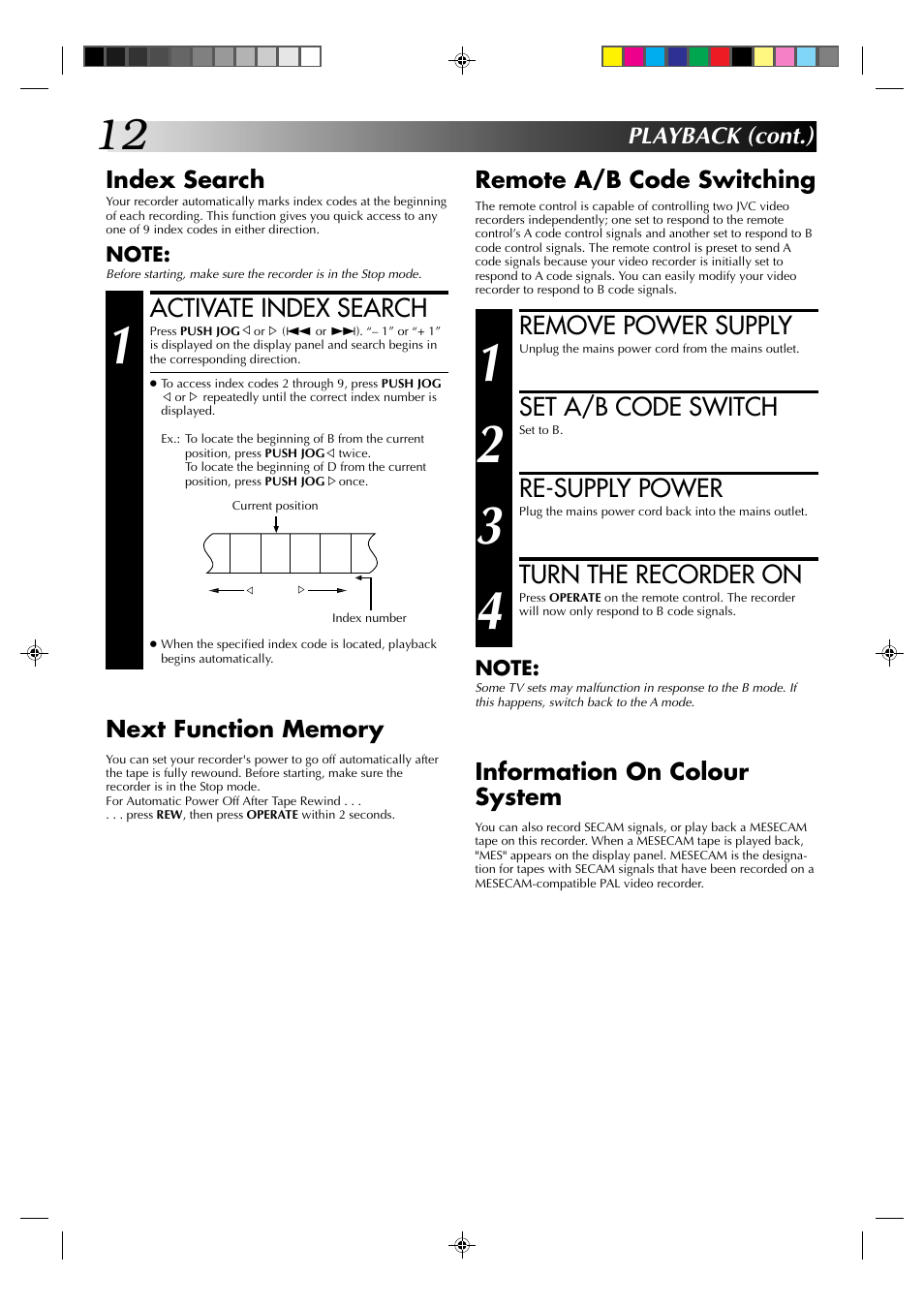 Remove power supply, Set a/b code switch, Re-supply power | Turn the recorder on, Activate index search, Playback (cont.) index search, Remote a/b code switching, Information on colour system | JVC HR-A237E User Manual | Page 12 / 33
