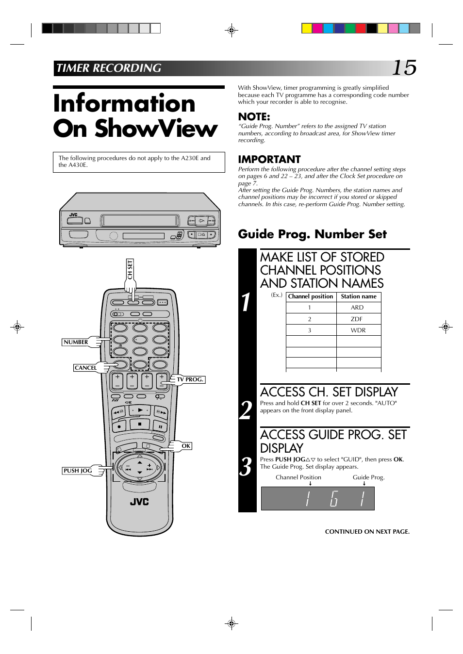 Information on showview, Access ch. set display, Access guide prog. set display | Timer recording, Guide prog. number set | JVC HR-A237E User Manual | Page 15 / 33