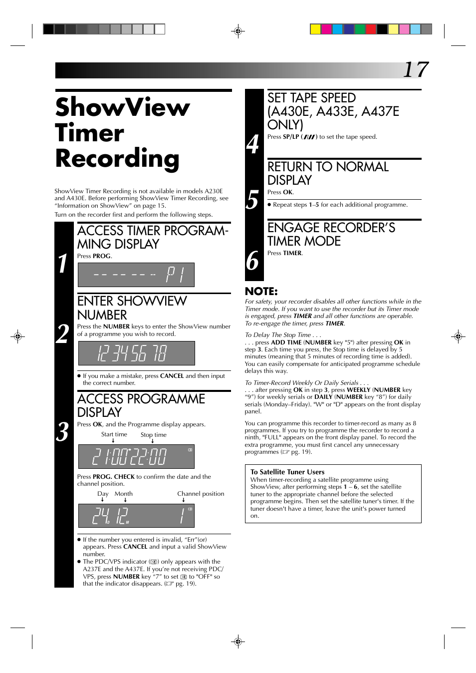 Showview timer recording, Return to normal display, Engage recorder’s timer mode | Access timer program- ming display, Enter showview number, Access programme display | JVC HR-A237E User Manual | Page 17 / 33