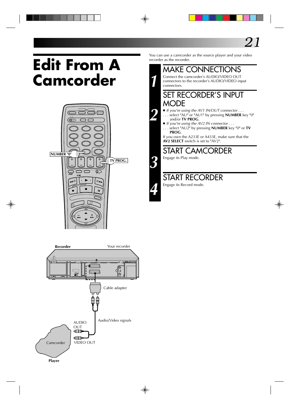 Edit from a camcorder, Make connections, Set recorder’s input mode | Start camcorder, Start recorder | JVC HR-A237E User Manual | Page 21 / 33