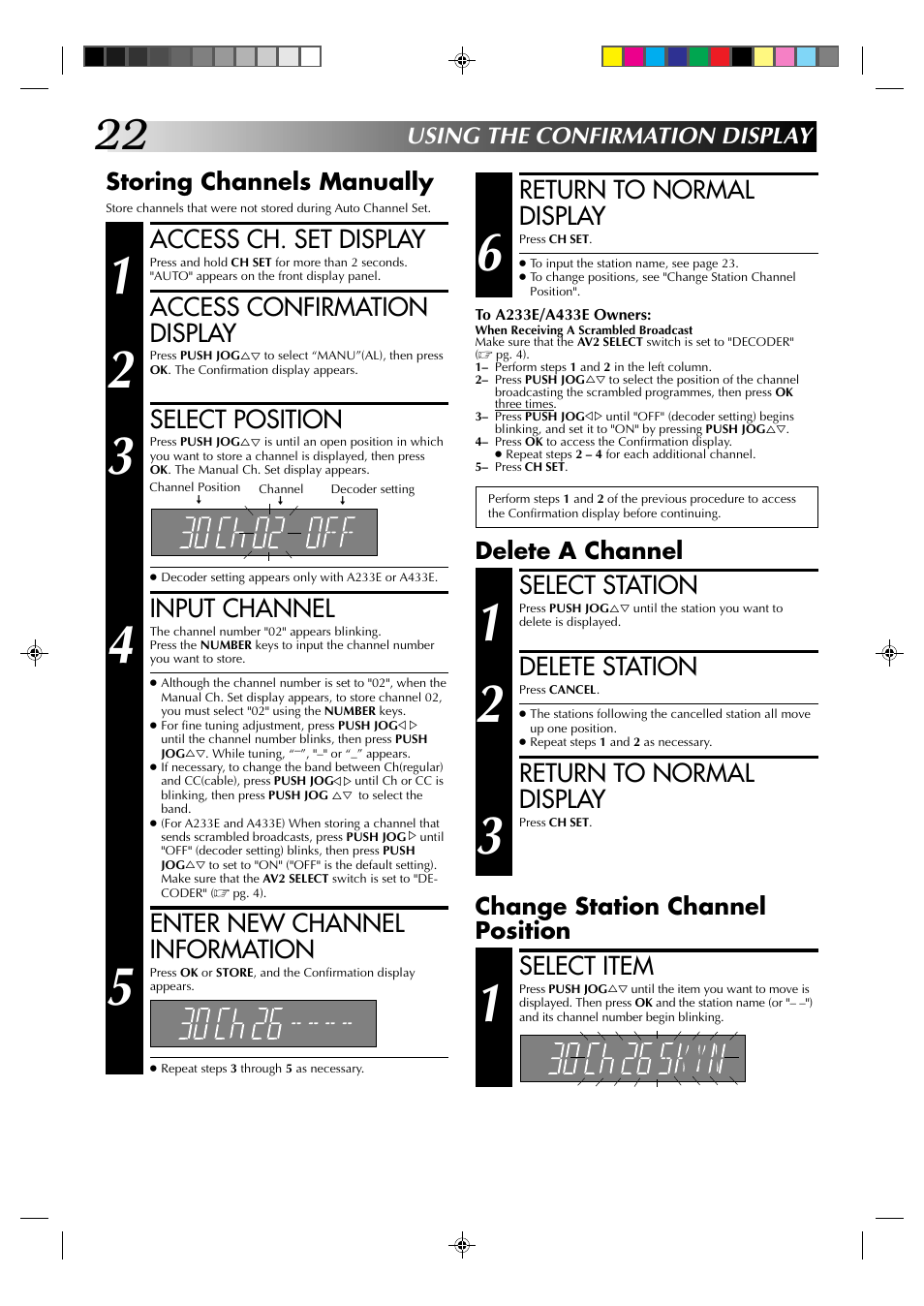 Access ch. set display, Access confirmation display, Select position | Input channel, Enter new channel information, Return to normal display, Select item, Select station, Delete station, Storing channels manually | JVC HR-A237E User Manual | Page 22 / 33