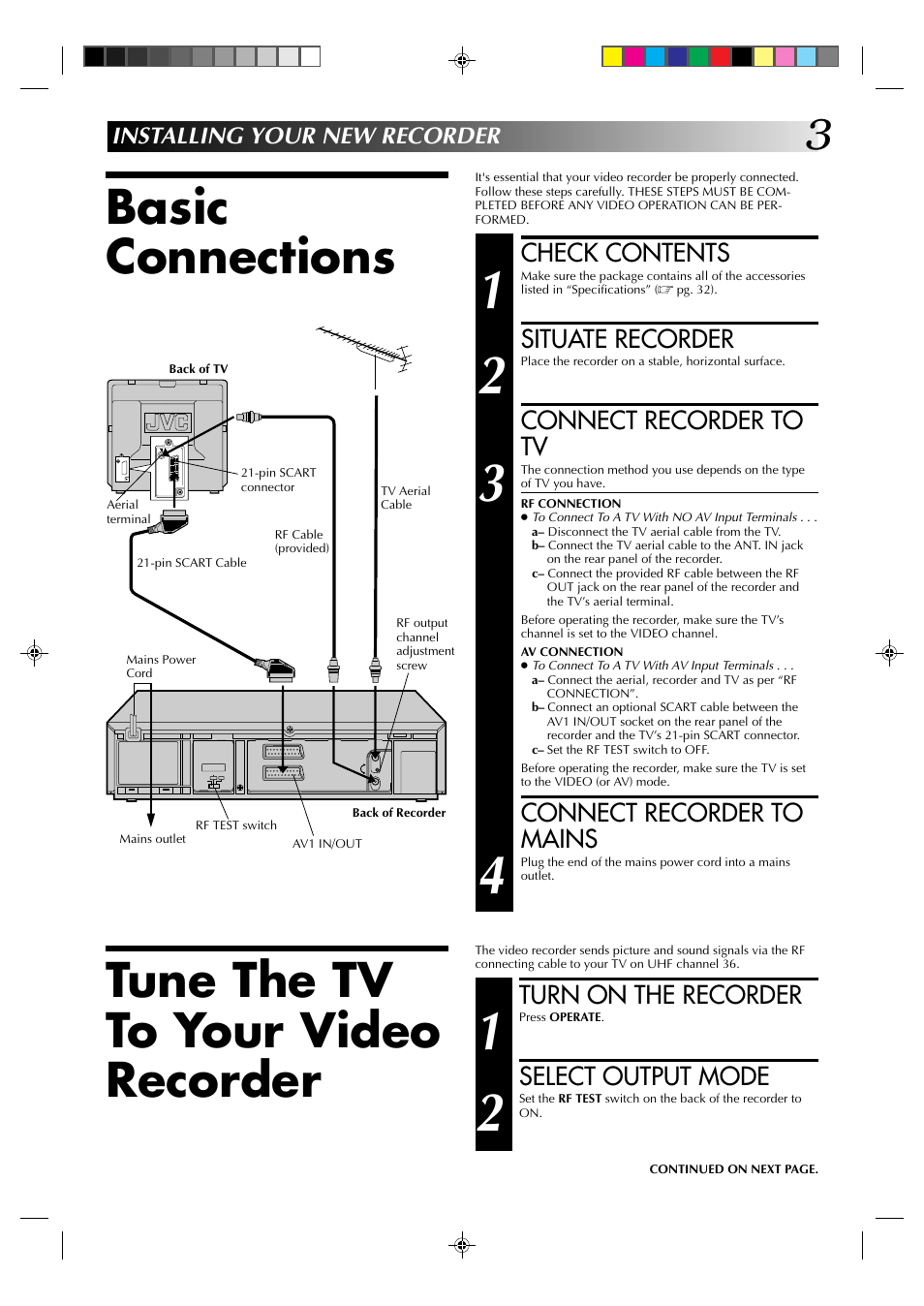 Basic connections, Tune the tv to your video recorder | JVC HR-A237E User Manual | Page 3 / 33