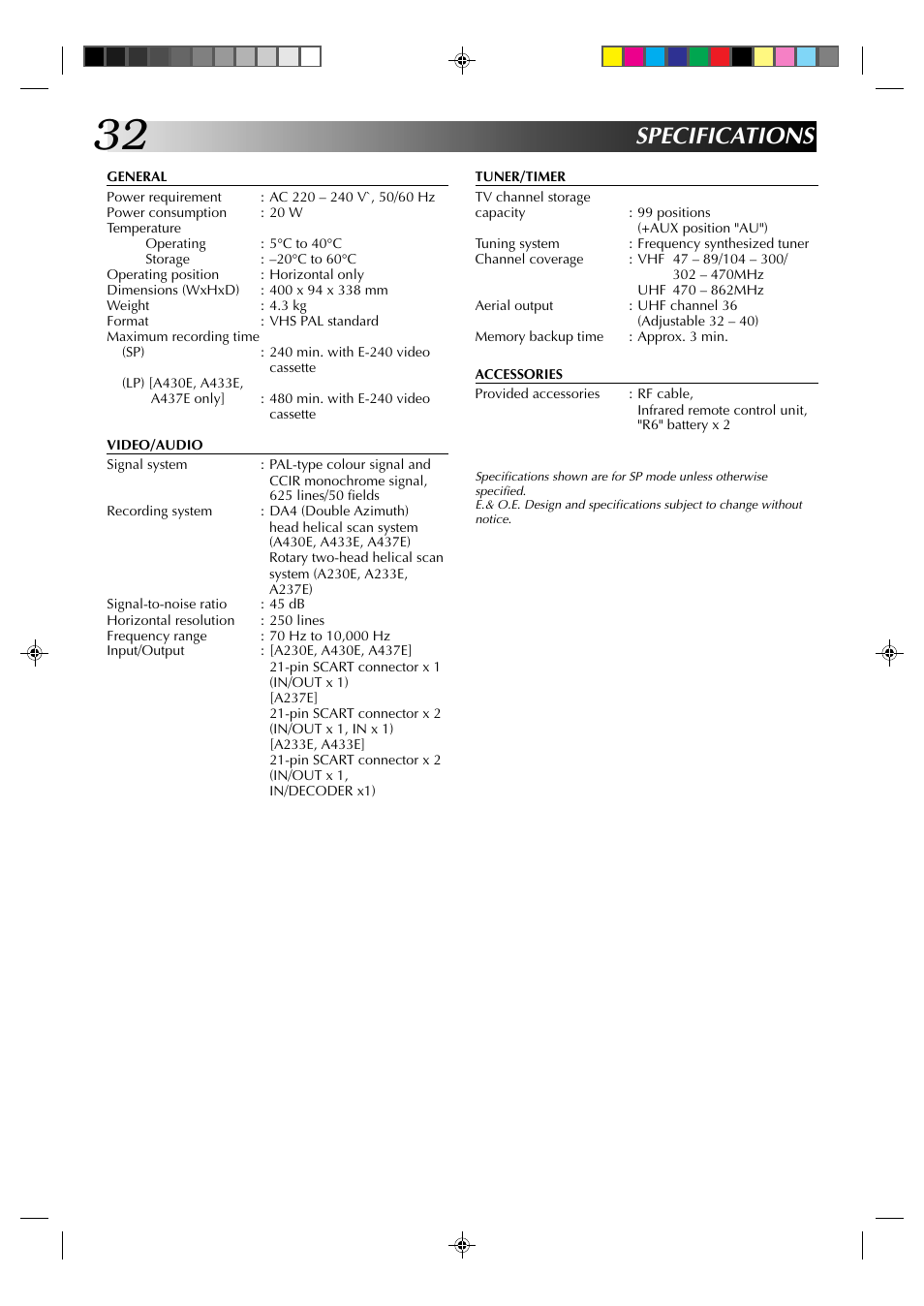 Specifications | JVC HR-A237E User Manual | Page 32 / 33