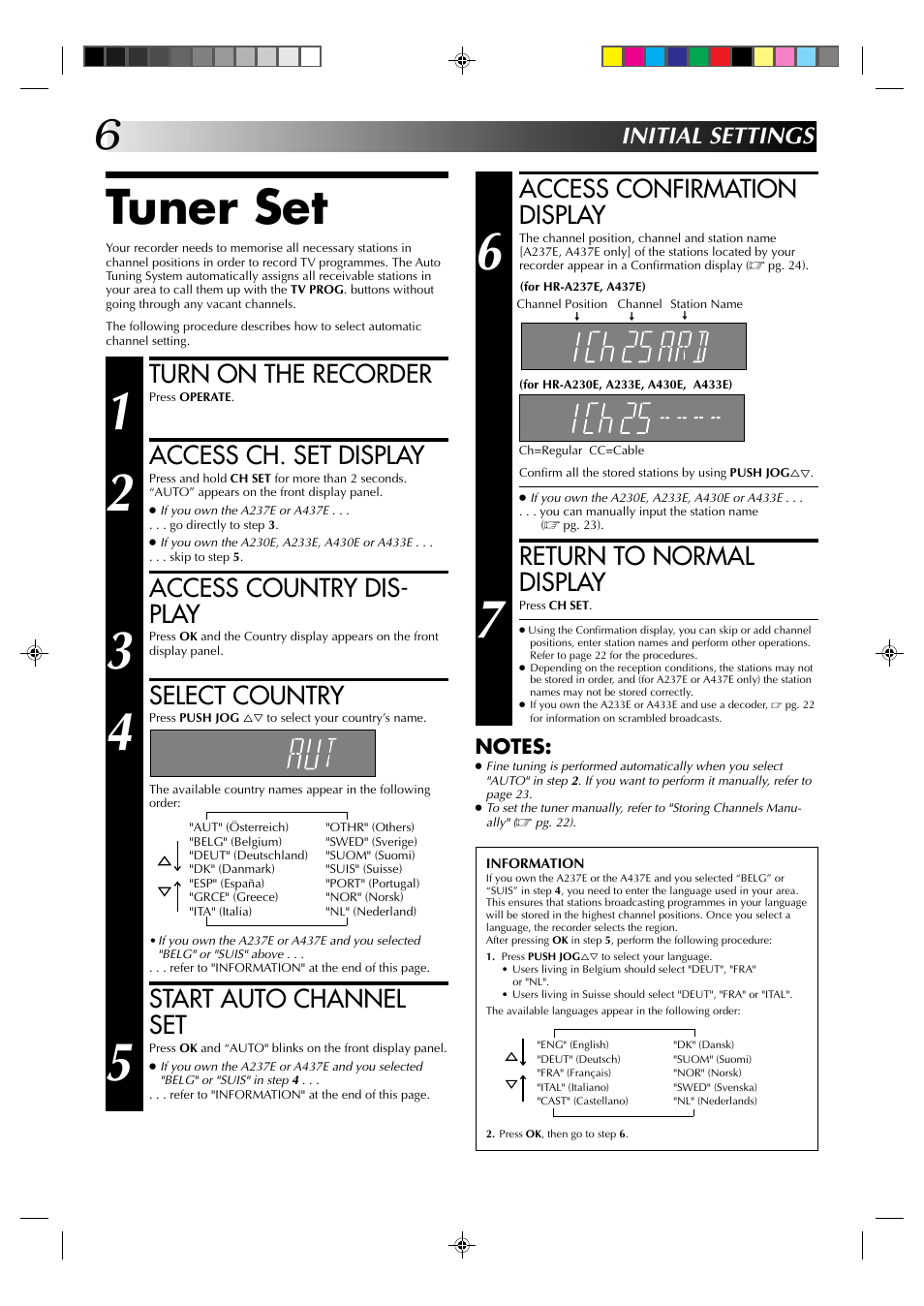 Tuner set, Access confirmation display, Return to normal display | Turn on the recorder, Access ch. set display, Access country dis- play, Select country, Start auto channel set, Initial settings | JVC HR-A237E User Manual | Page 6 / 33