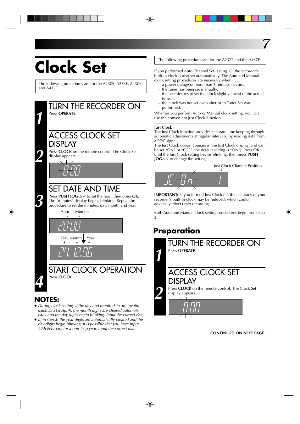 Clock set, Turn the recorder on, Access clock set display | Set date and time, Start clock operation, Preparation | JVC HR-A237E User Manual | Page 7 / 33