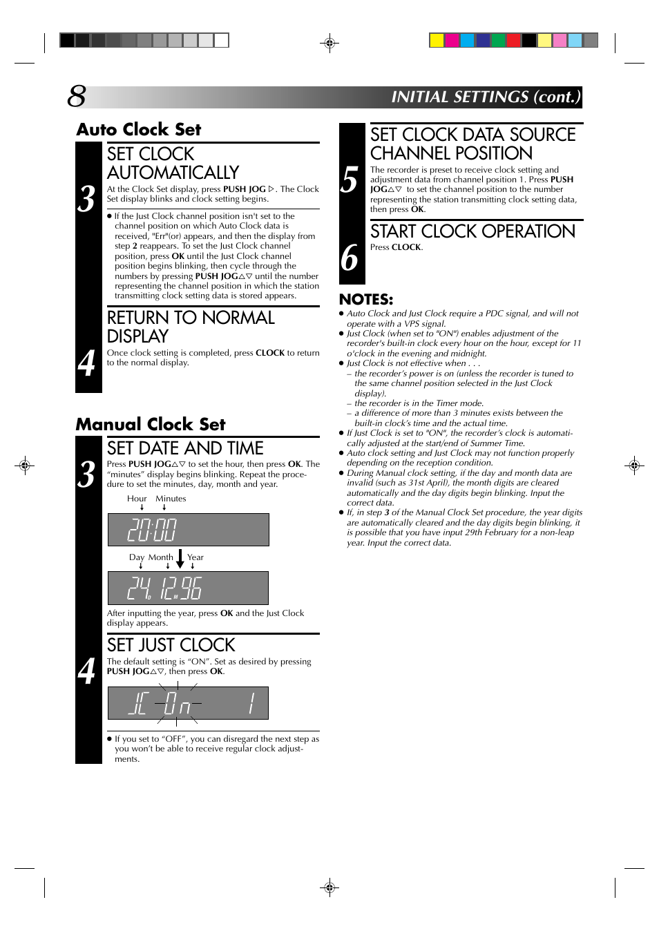 Set clock automatically, Return to normal display, Set date and time | Set just clock, Set clock data source channel position, Start clock operation, Initial settings (cont.), Auto clock set, Manual clock set | JVC HR-A237E User Manual | Page 8 / 33