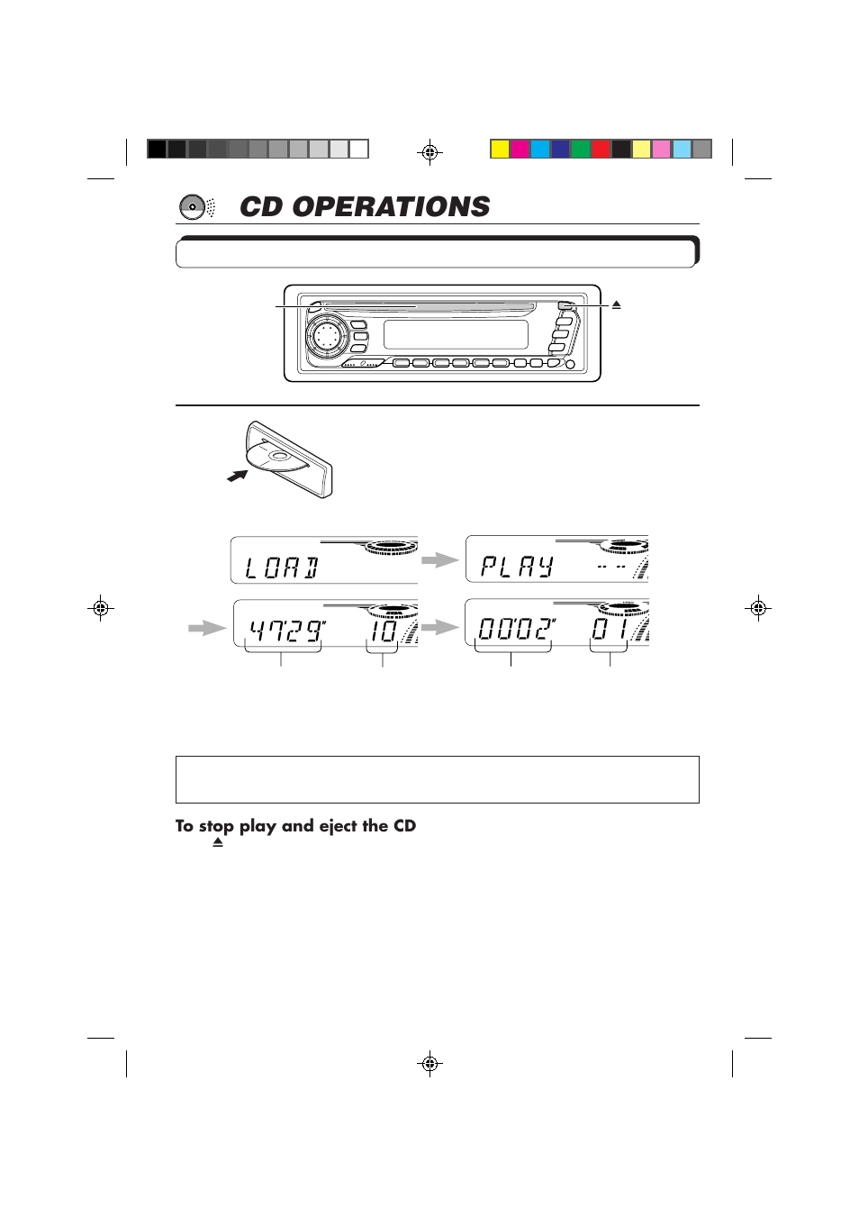 Cd operations, Playing a cd, Insert a disc into the loading slot | JVC KD-S757R User Manual | Page 18 / 38