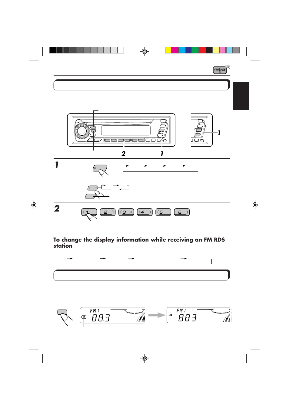 Tuning into a preset station, Selecting fm reception sound, Select the band (fm1, fm2, fm3 or am) you want | JVC KD-S757R User Manual | Page 9 / 38