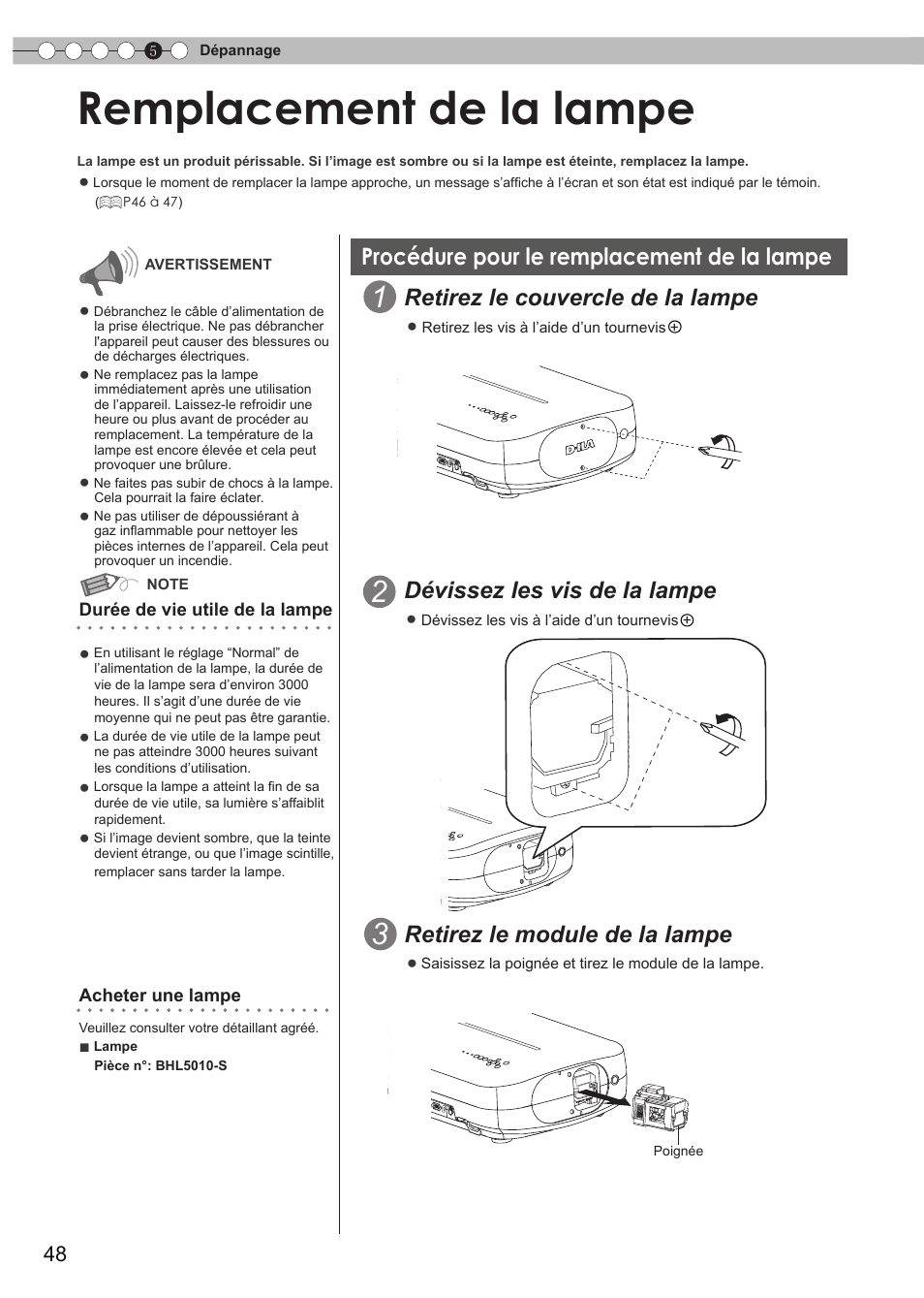 Remplacement de la lampe, Procédure pour le remplacement de la lampe, Procédure pour le remplacement de la | Lampe, Couvercle de la lampe, P48 à 50, Retirez le couvercle de la lampe, Dévissez les vis de la lampe, Retirez le module de la lampe | JVC DLA-RS35 User Manual | Page 110 / 185