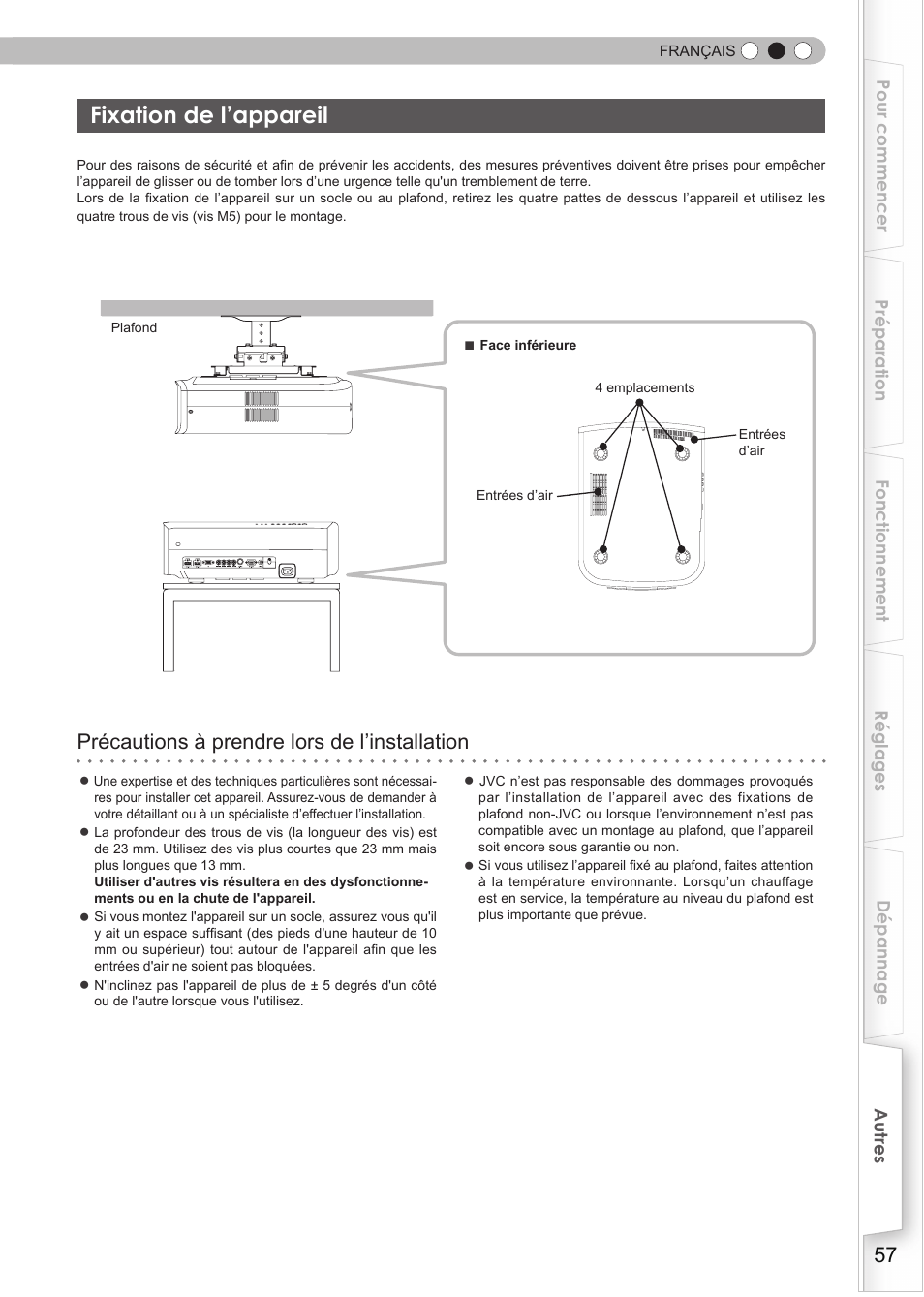 Fixation de l’appareil, Fixation de l'appareil, Précautions à prendre lors de l’installation | JVC DLA-RS35 User Manual | Page 119 / 185