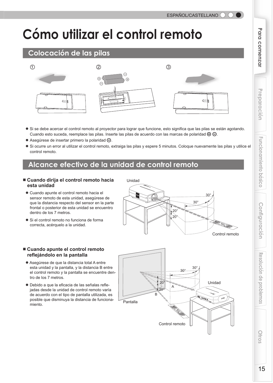 Cómo utilizar el control remoto, Colocación de las pilas, Alcance efectivo de la unidad de control remoto | Alcance efectivo de la unidaa de control, Remoto, Sensor remoto | JVC DLA-RS35 User Manual | Page 139 / 185