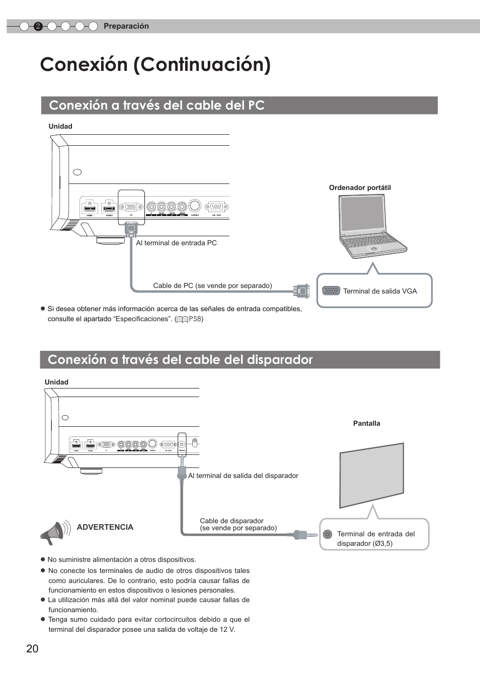 Conexión a través del cable del pc, Conexión a través del cable del disparador, Conexión a través del cable del | Disparador, Conexión (continuación) | JVC DLA-RS35 User Manual | Page 144 / 185