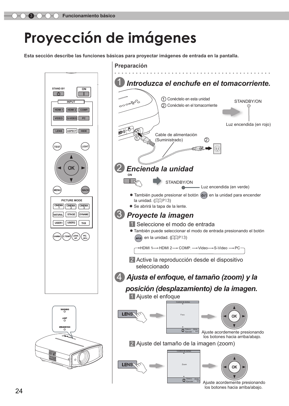 Funcionamiento básico, Proyección de imágenes, Para cambiar la entrada | Para controlar la lente, Introduzca el enchufe en el tomacorriente, Encienda la unidad, Proyecte la imagen, 1ajuste el enfoque, Preparación, 1seleccione el modo de entrada | JVC DLA-RS35 User Manual | Page 148 / 185