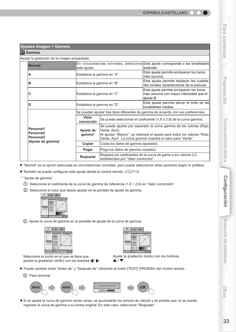 Ajustes imagen > gamma, Español/castellano, Gamma | JVC DLA-RS35 User Manual | Page 157 / 185