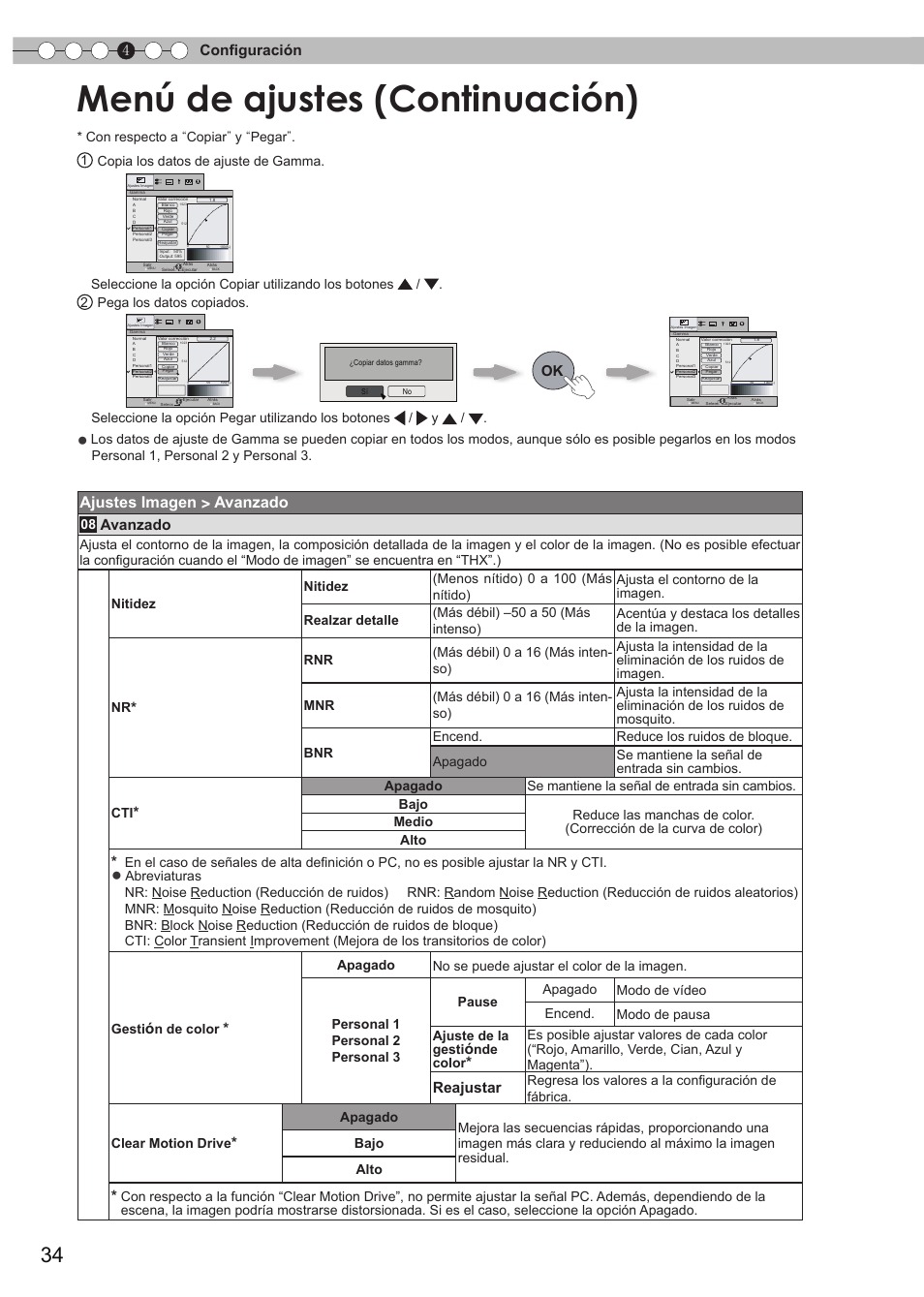 Menú de ajustes (continuación), Ajustes imagen > avanzado, 4configuración | Avanzado, Reajustar, N de color, Nde color | JVC DLA-RS35 User Manual | Page 158 / 185