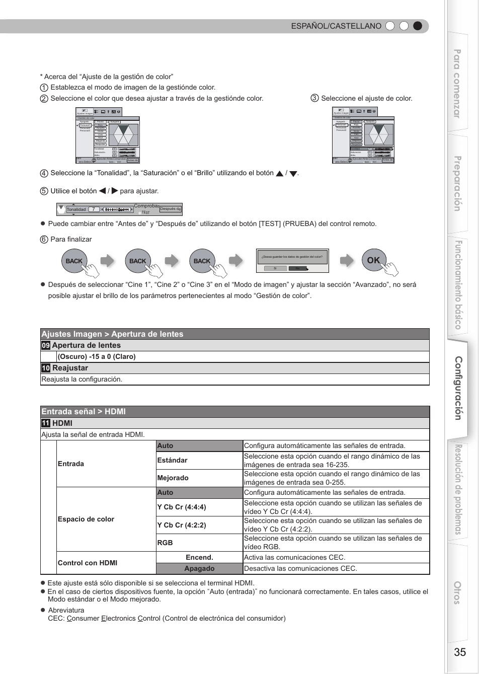 Ajustes imagen > apertura de lentes, Entrada señal > hdmi, Español/castellano | Apertura de lentes, Reajustar, Hdmi | JVC DLA-RS35 User Manual | Page 159 / 185