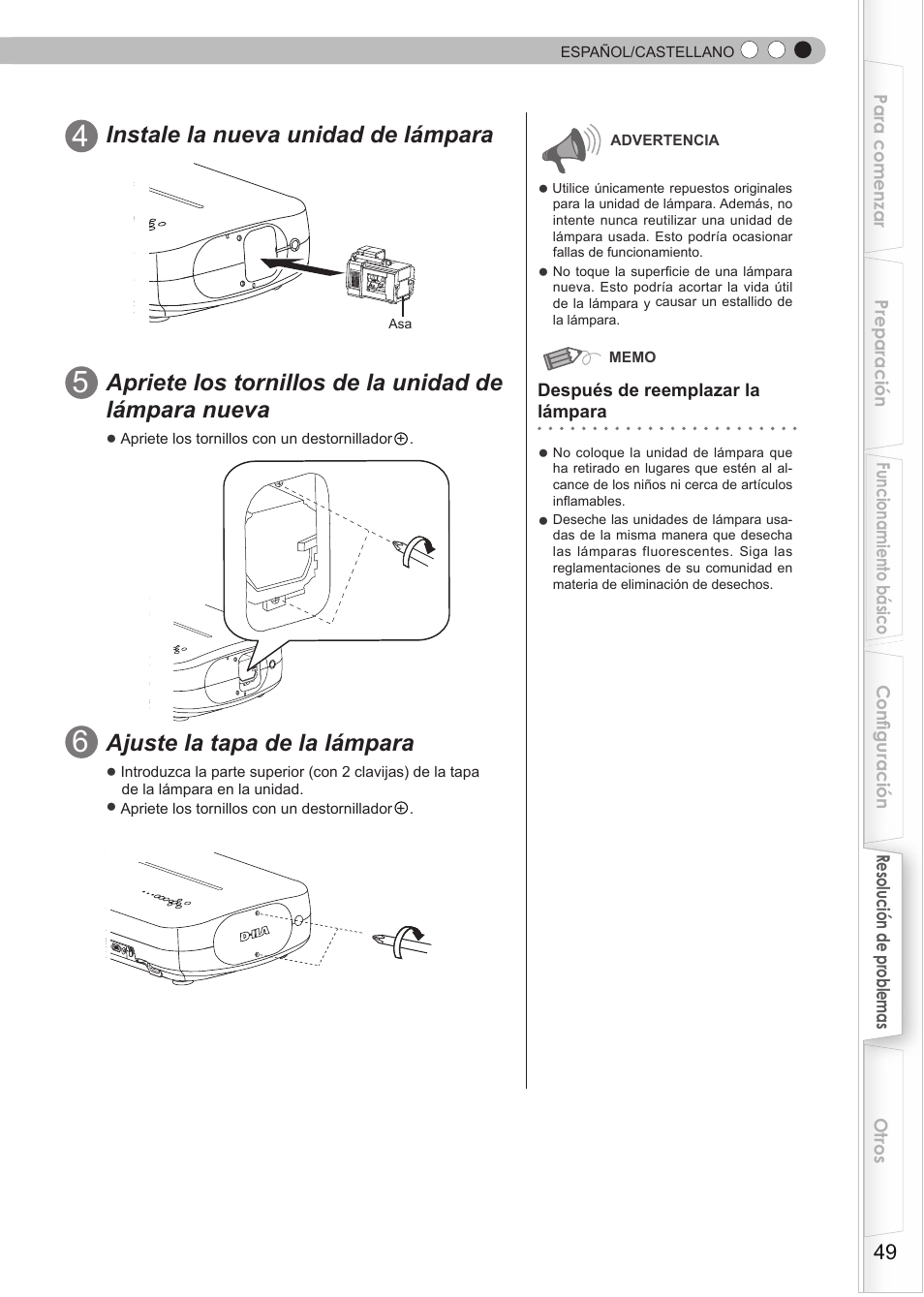 Instale la nueva unidad de lámpara, Ajuste la tapa de la lámpara | JVC DLA-RS35 User Manual | Page 173 / 185