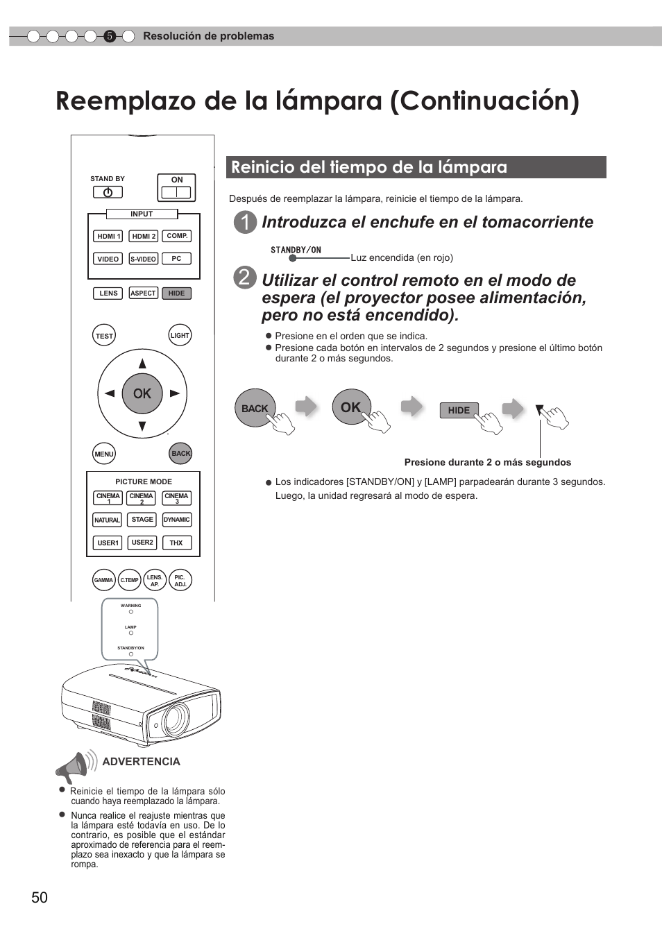 Reinicio del tiempo de la lámpara, Reemplazo de la lámpara (continuación), Introduzca el enchufe en el tomacorriente | JVC DLA-RS35 User Manual | Page 174 / 185