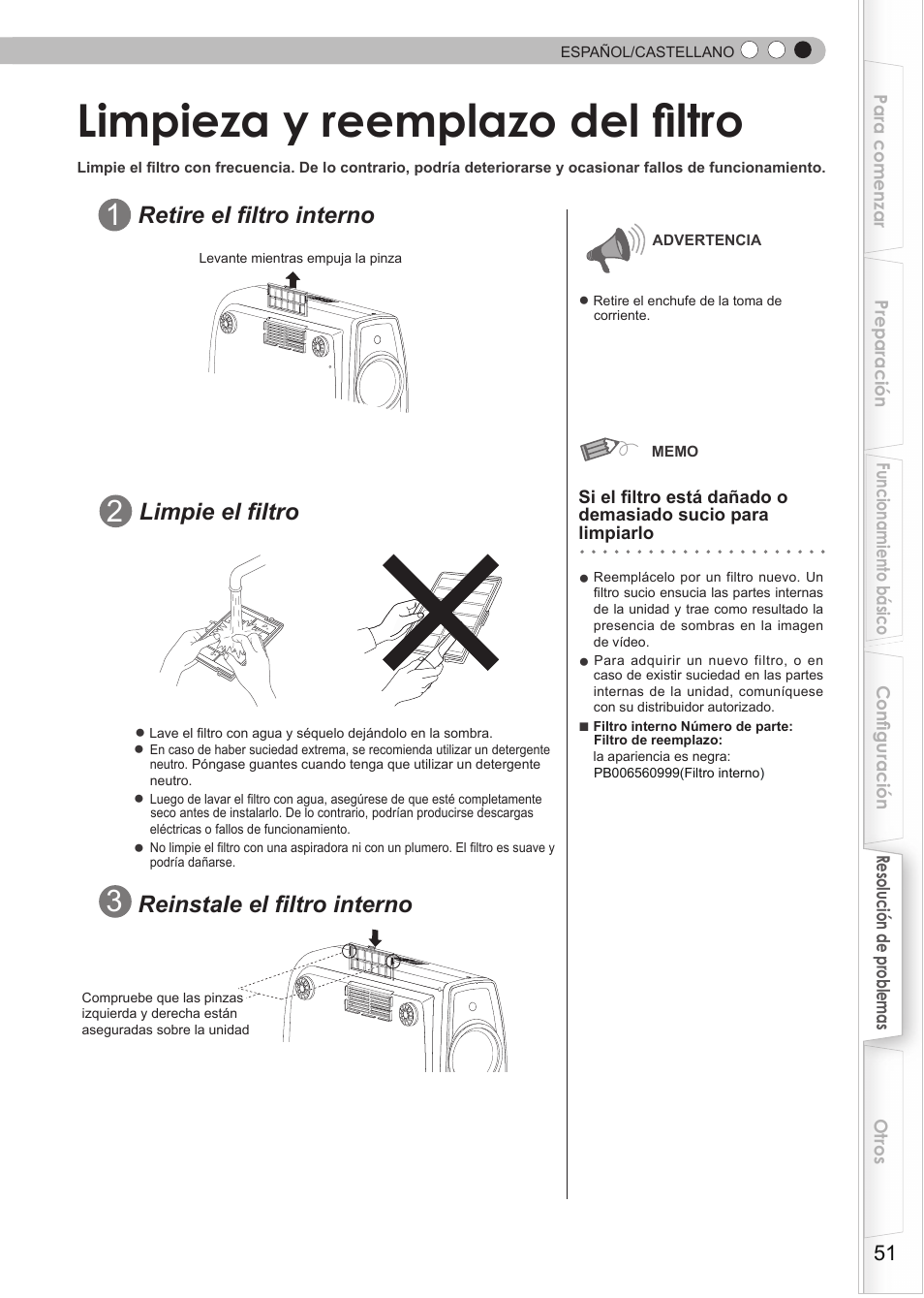 Limpieza y reemplazo del filtro, Filtro, Retire el filtro interno | Reinstale el filtro interno, Limpie el filtro | JVC DLA-RS35 User Manual | Page 175 / 185