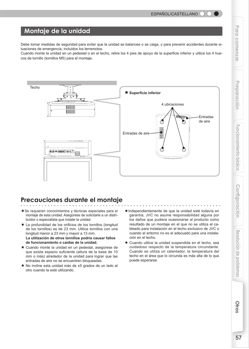 Montaje de la unidad, Precauciones durante el montaje | JVC DLA-RS35 User Manual | Page 181 / 185