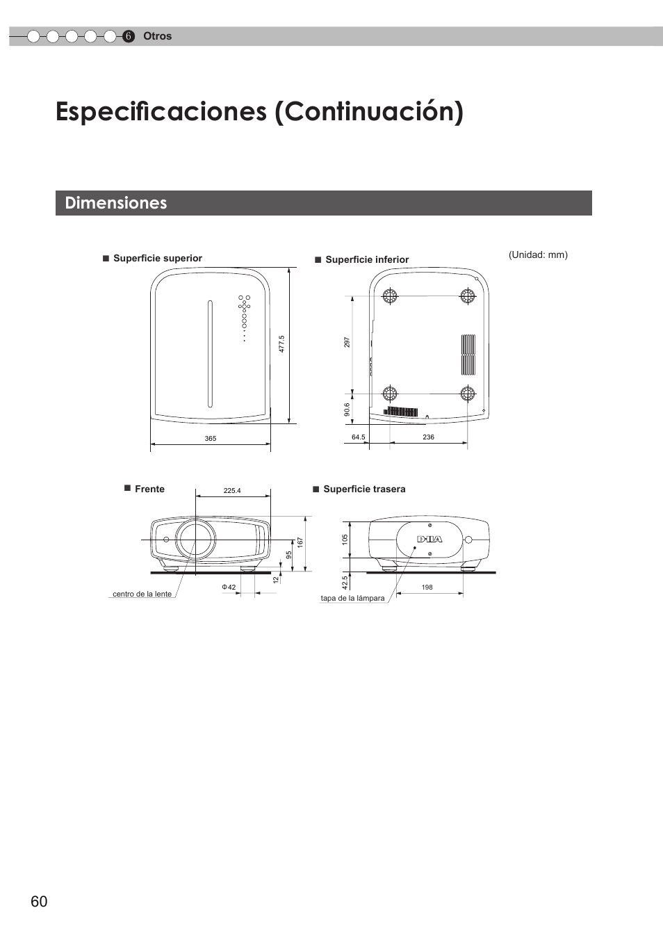 Dimensiones, Especificaciones (continuación) | JVC DLA-RS35 User Manual | Page 184 / 185