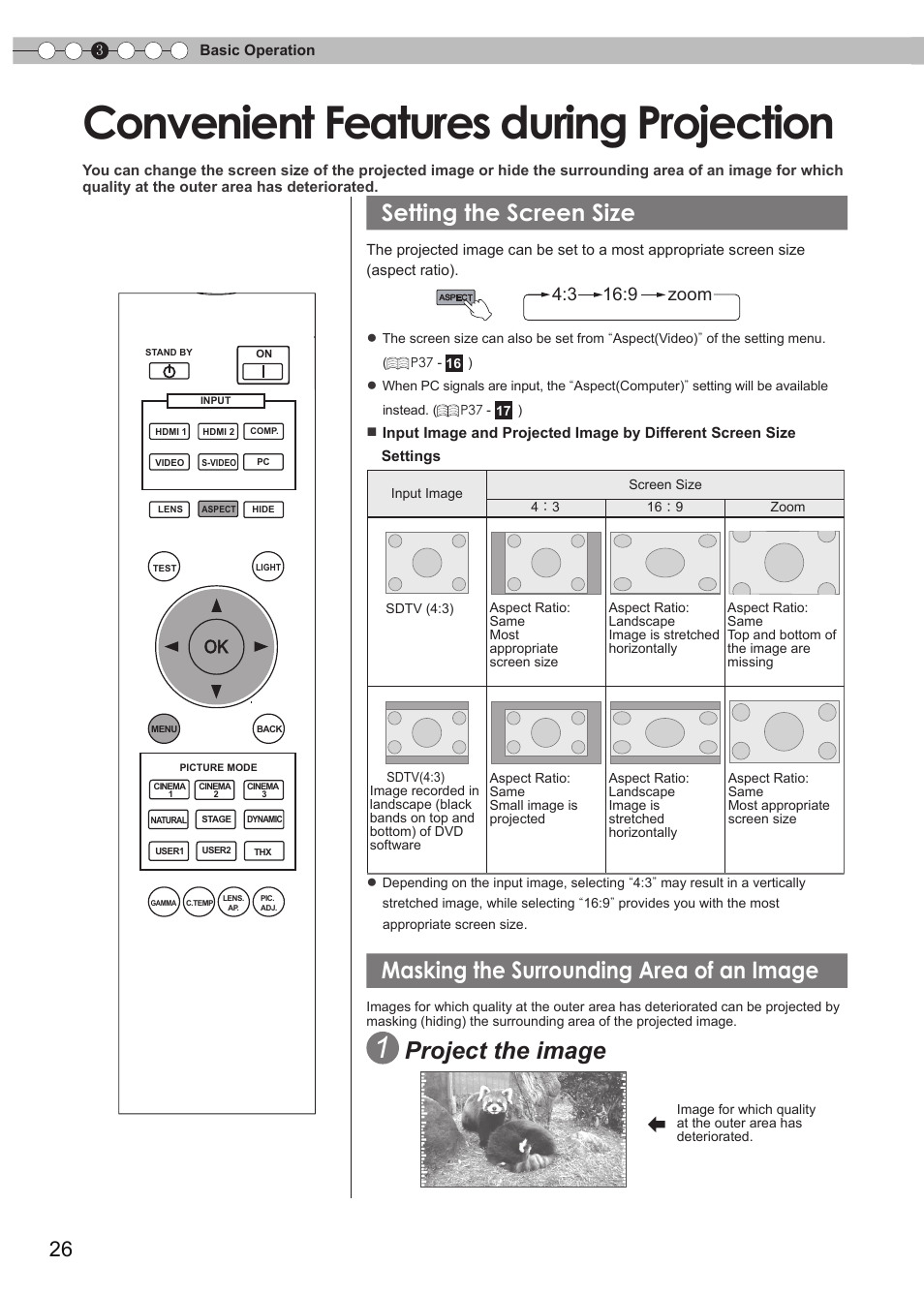 Convenient features during projection, Setting the screen size, Masking the surrounding area of an image | O set the screen size, Project the image, 3 16:9 zoom | JVC DLA-RS35 User Manual | Page 26 / 185