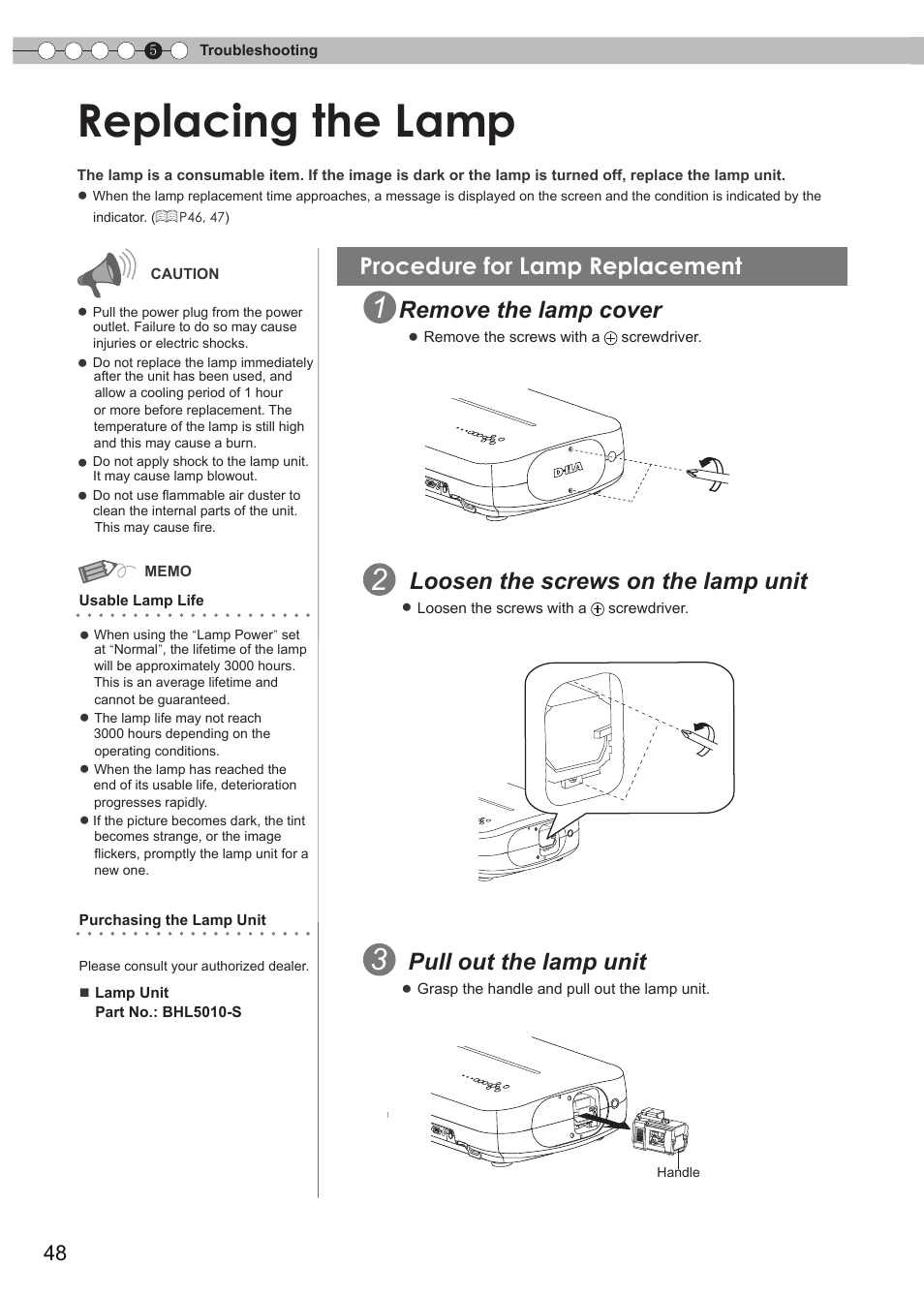 Replacing the lamp, Procedure for lamp replacement, Lamp cover | P48 to 50, Remove the lamp cover, Loosen the screws on the lamp unit, Pull out the lamp unit | JVC DLA-RS35 User Manual | Page 48 / 185