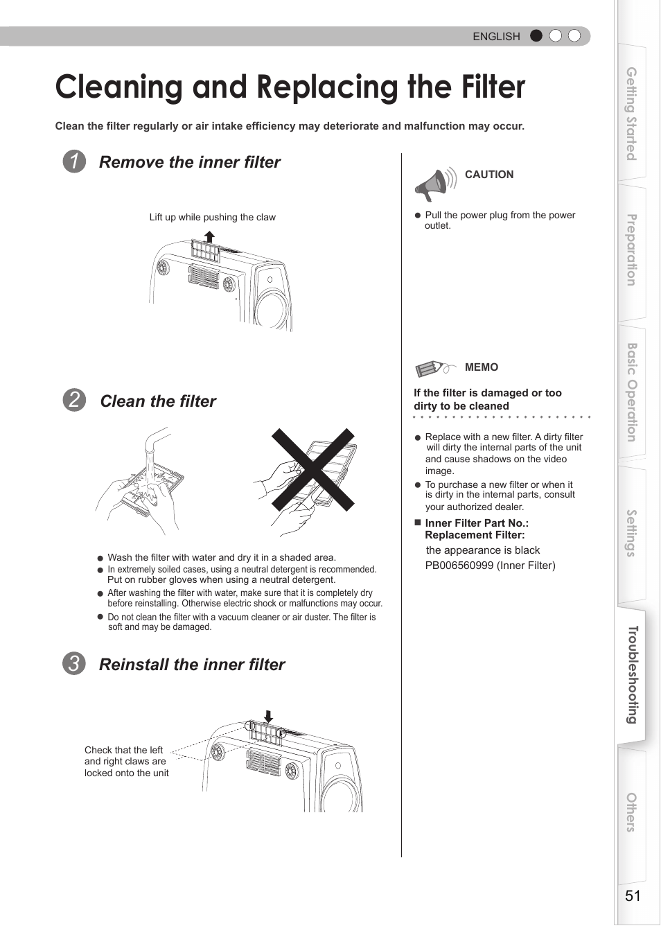 Cleaning and replacing the filter, Filter, Replacing the lamp (continued) | Remove the inner filter, Reinstall the inner filter, Clean the filter | JVC DLA-RS35 User Manual | Page 51 / 185