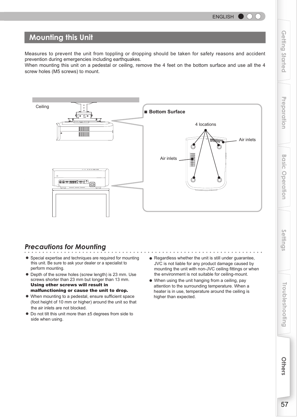 Mounting this unit, Precautions for mounting | JVC DLA-RS35 User Manual | Page 57 / 185