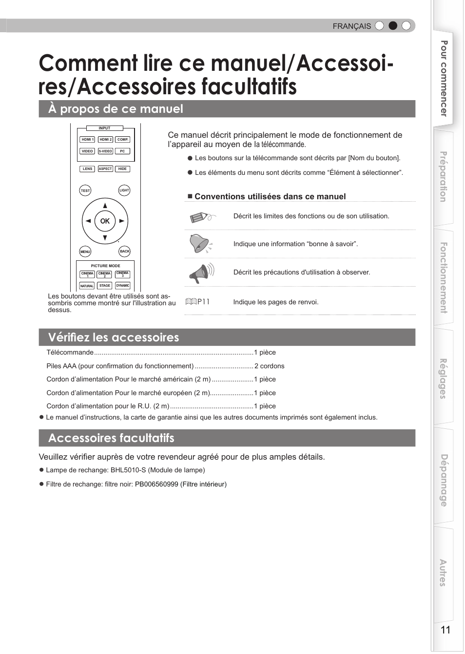 À propos de ce manuel, Vérifiez les accessoires, Accessoires facultatifs | Comment lire ce manuel / accessoires, Accessories facultatifs, Vérifier les accessoires | JVC DLA-RS35 User Manual | Page 73 / 185