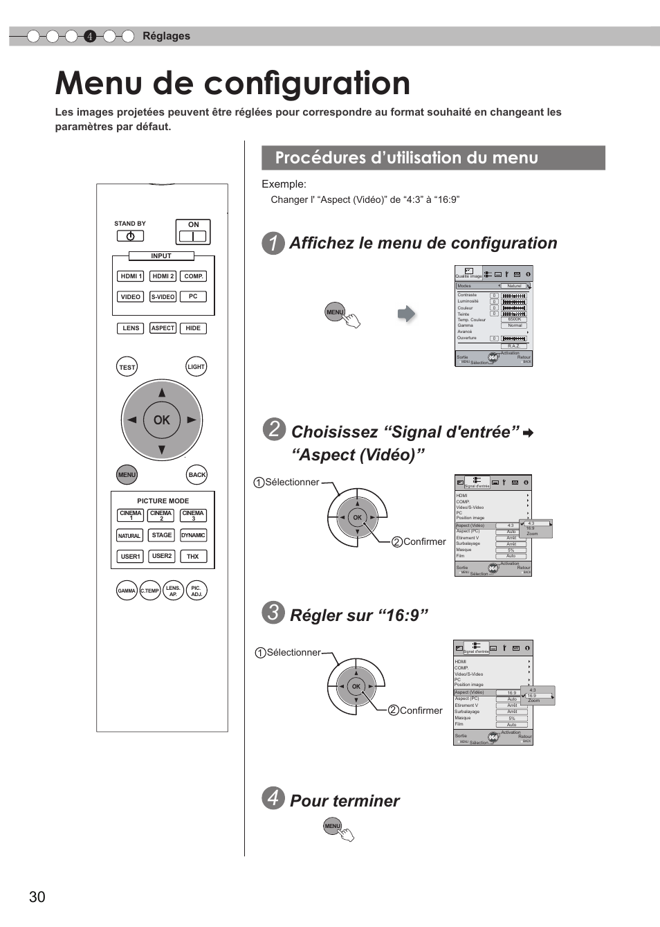 Menu de configuration, Procédures d’utilisation du menu, Procédures d'utilisation du menu | Affichez le menu de configuration, Choisissez “signal d'entrée” “aspect (vidéo), Régler sur “16:9, Pour terminer, 4réglages, Exemple | JVC DLA-RS35 User Manual | Page 92 / 185